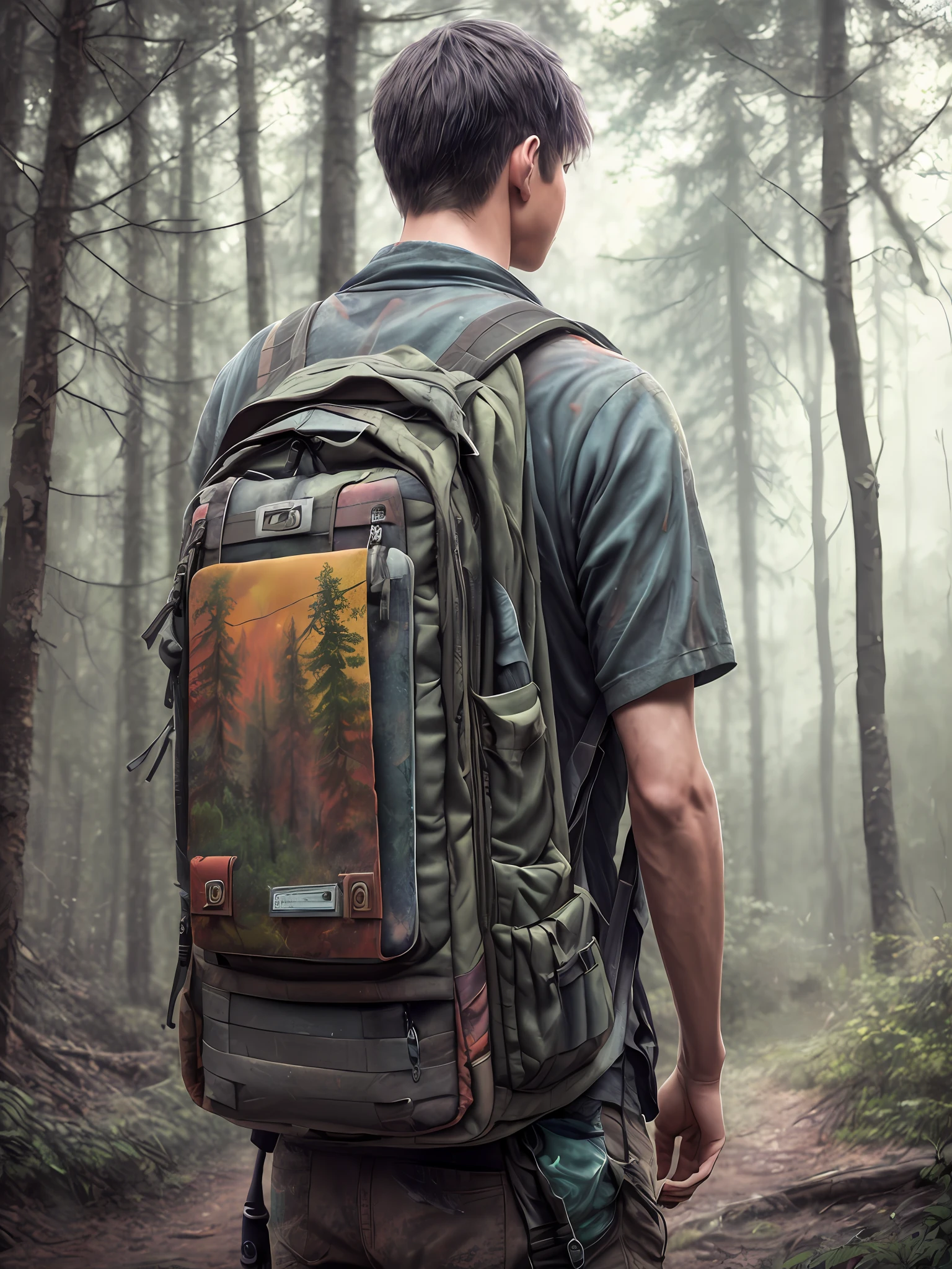Strong male adult, angry, 2 2 years, backpack, realistic epic, photo, faded, complex things around, forest background, soaked, neutral colors, (((((hdr)))), ((((soft colors)))), intricate scene, artistic station, intricate details, vignette