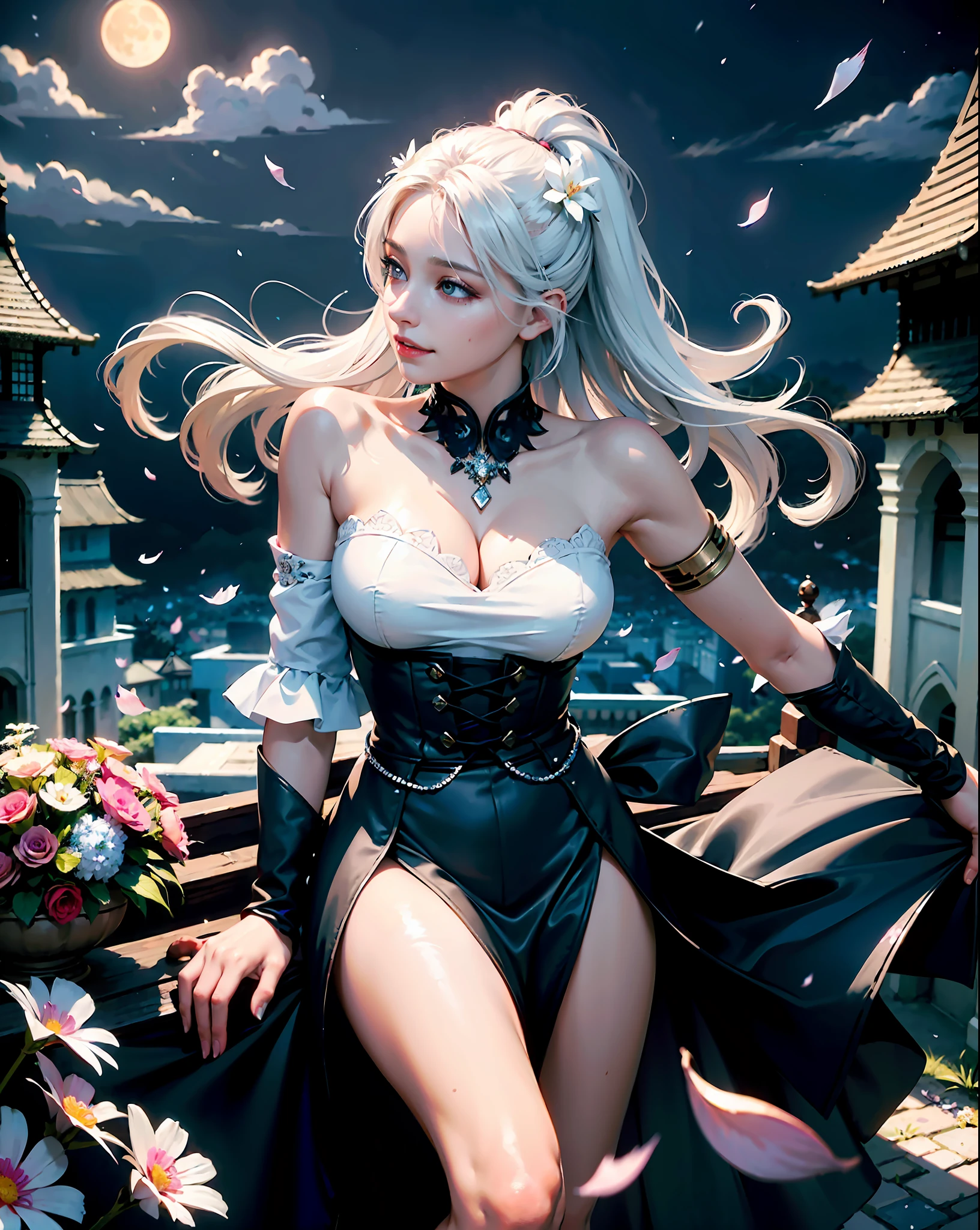 masterpiece, best quality, 1girl, (colorful),(finely detailed beautiful eyes and detailed face),cinematic lighting,bust shot,extremely detailed CG unity 8k wallpaper,white hair,solo,smile,intricate skirt,((flying petal)),(Flowery meadow) sky, cloudy_sky, building, moonlight, moon, night, dark theme, light, fantasy,