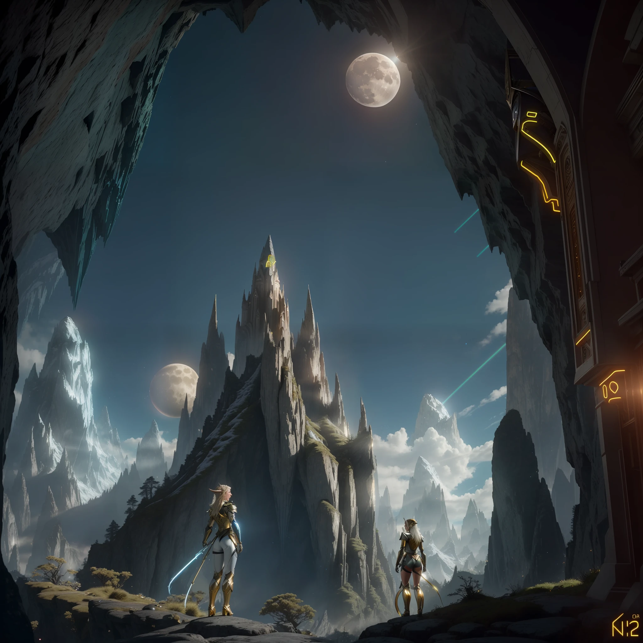 rear angle, highly detailed RAW color photo, rear angle, full body, of (female elf, wearing gold and silver suit, neon blue halo, face shield, neon blue light eyes), outdoor, (looking at advanced alien structure, in Middle-earth), toned body, big ass, (fantasy), (mountains: 1.1), (lush green vegetation), (3 moons in the sky: 0.8), (highly detailed, hyper-detailed, intricate), ((DAY TIME)), (lens flare:0.7), (bloom:0.7), particle effects, raytracing, cinematic lighting, shallow depth of field, shot on a nikon, 50mm wide-angle lens, sharp focus, cinematic film from Gravity 2023, behind