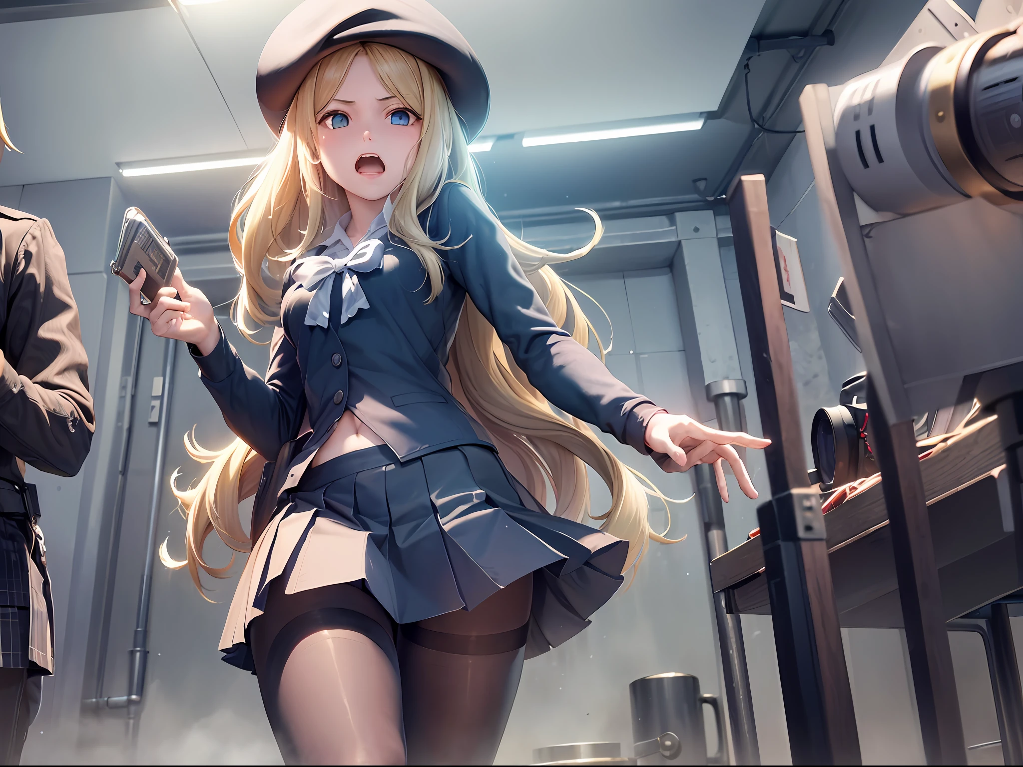 (((masterpiece))), best quality, highly detailed,extremely detailed CG unity 8k wallpaper,illustration, solo female,fren,bow,hat,skirt,dark blue skirt,pantyhose,small breast,solo,dark blue eyes,medium hair,blonde ,small breast,indoor,grey backgrpund, pipe,strong light and shadow contrast ,pantyhose,blood,cinematic shot,surrounded by men in suit,injured,angry face,Studio lighting,3men in suit