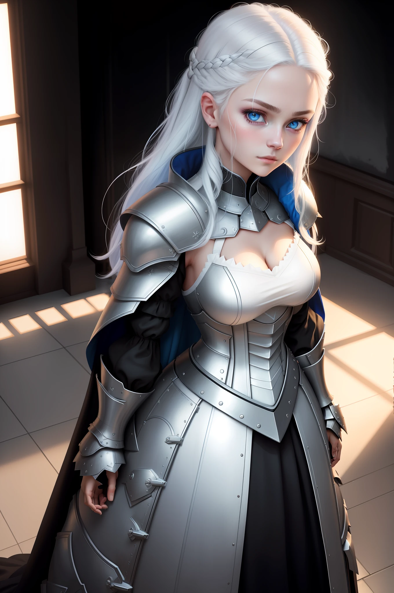 ((SFW)), masterpiece, best quality, highres 64k, professional artwork, clean, cinematic lighting, beautiful human face, beautiful blue eyes + detail, beautiful white hair + detail, multicoloured hair, (perfect young female body:1.4), (medium breast, lactation ), sexy looking at the viewer, happy, 1girl, solo, ((Ada-1)), white skin, expressionless, cape, ((clothes + detail, sign on upper chest, armored long dress))black bodysuit, indoors, workshop, neon lamp, arms folded, cowboy shot,from above, standing,