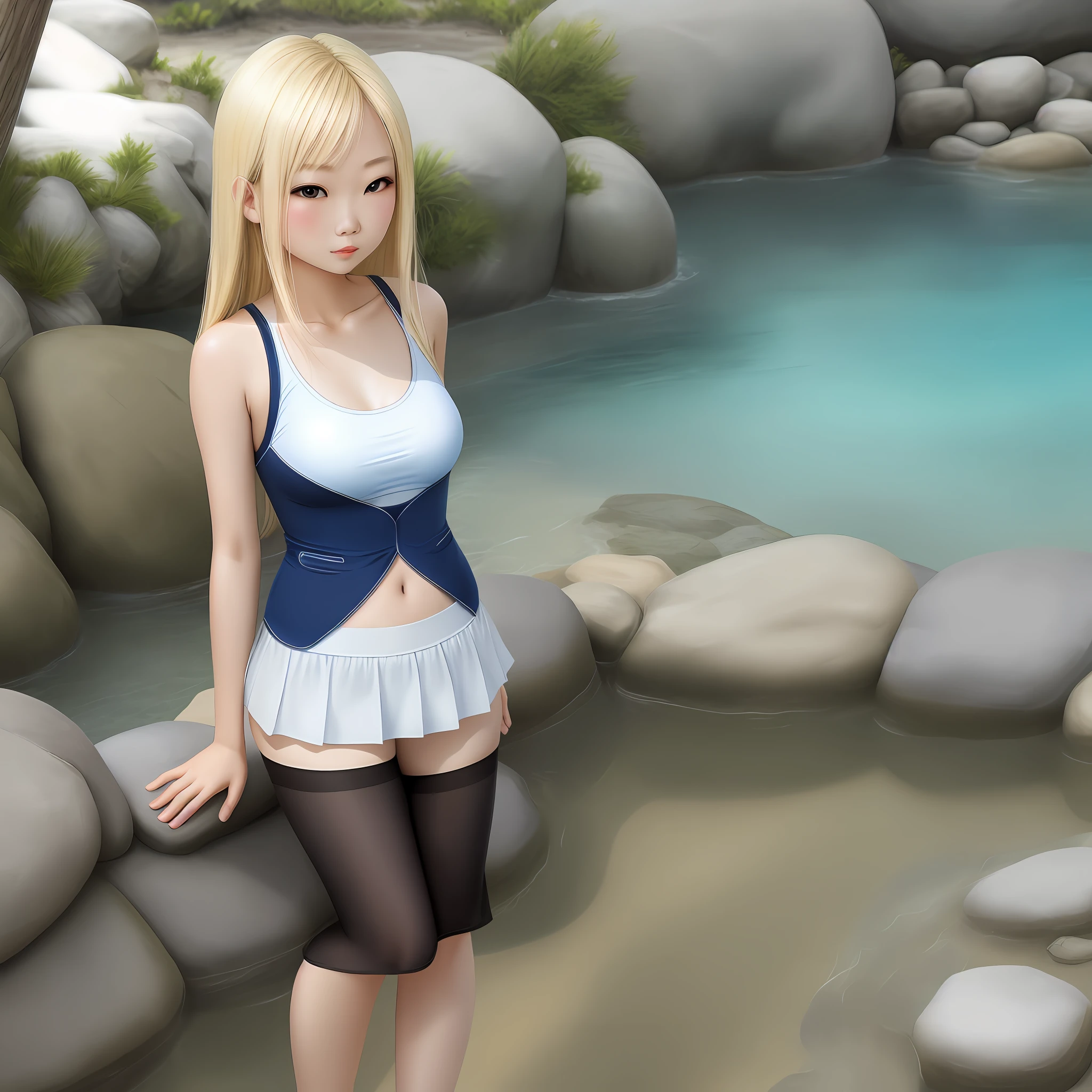 Blonde Asian Swimsuit Panty Shot Miniskirt