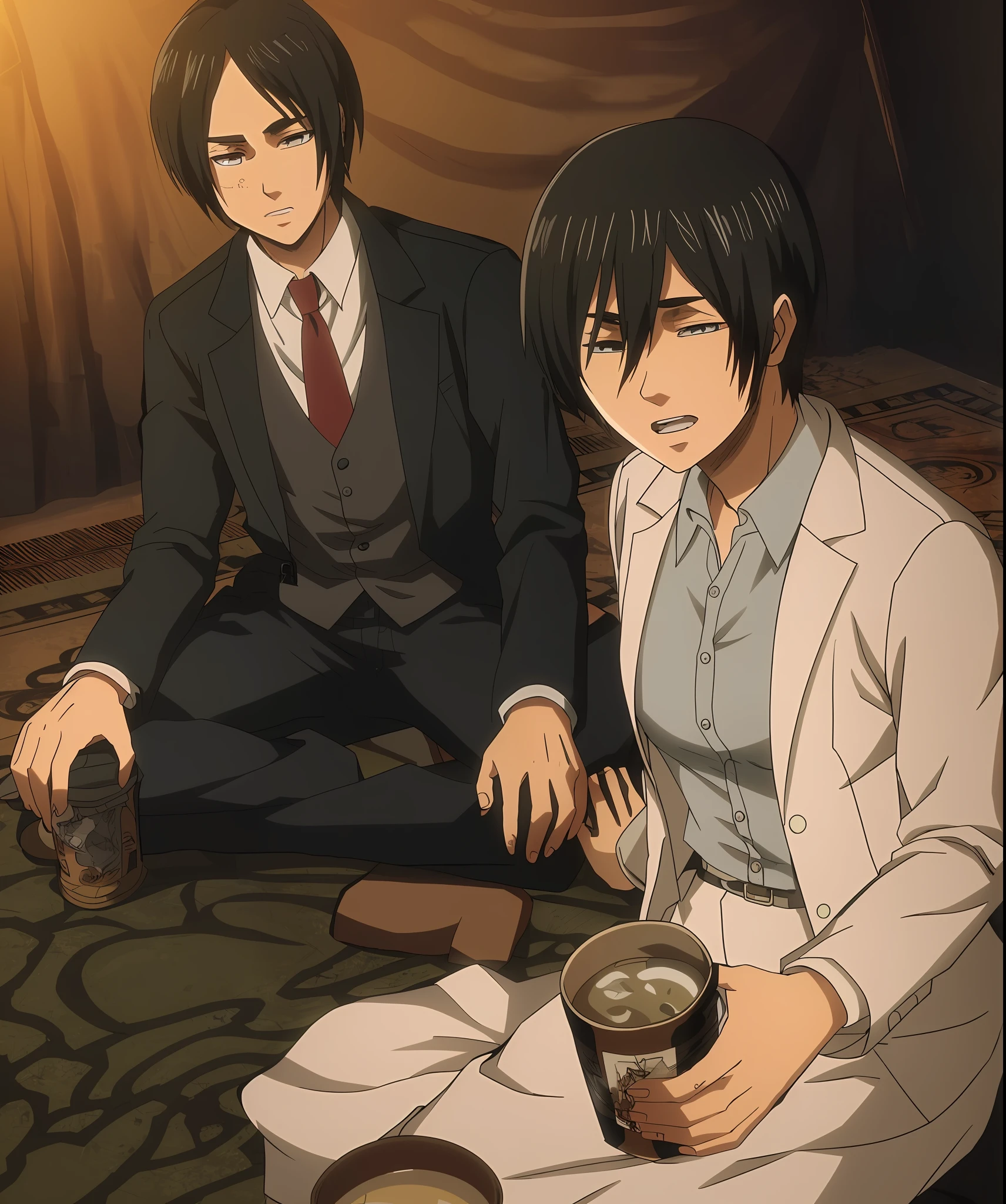 best quality, masterpiece, (realistic: 1.2), 1 man, Eren Jaeger, black jeans, black pants, brown hair, attack on Titan, cold background, black jacket, slim body, high definition, high quality, black clothes