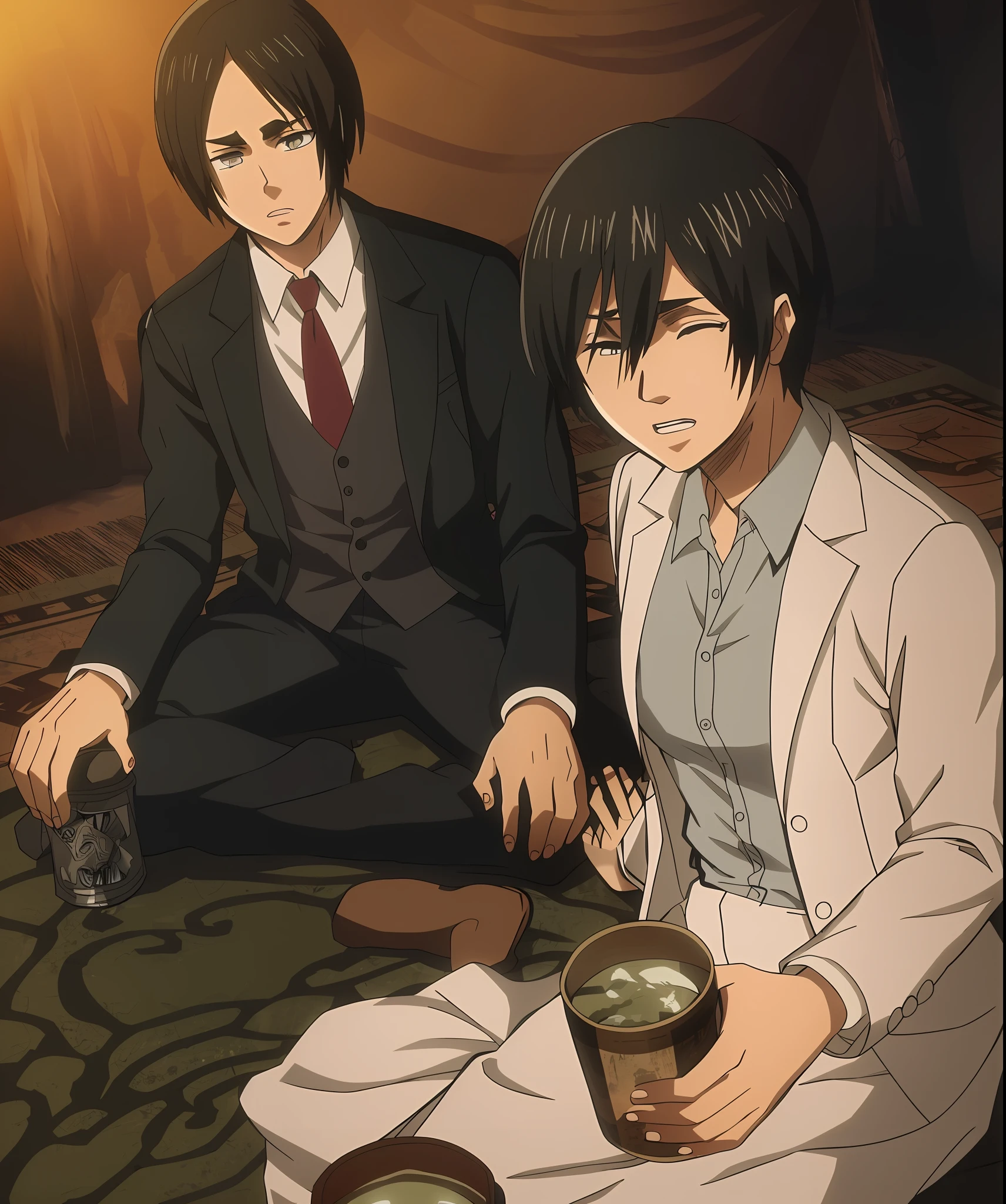 best quality, masterpiece, (realistic: 1.2), 1 man, Eren Jaeger, black jeans, black pants, brown hair, attack on Titan, cold background, black jacket, slim body, high definition, high quality, black clothes