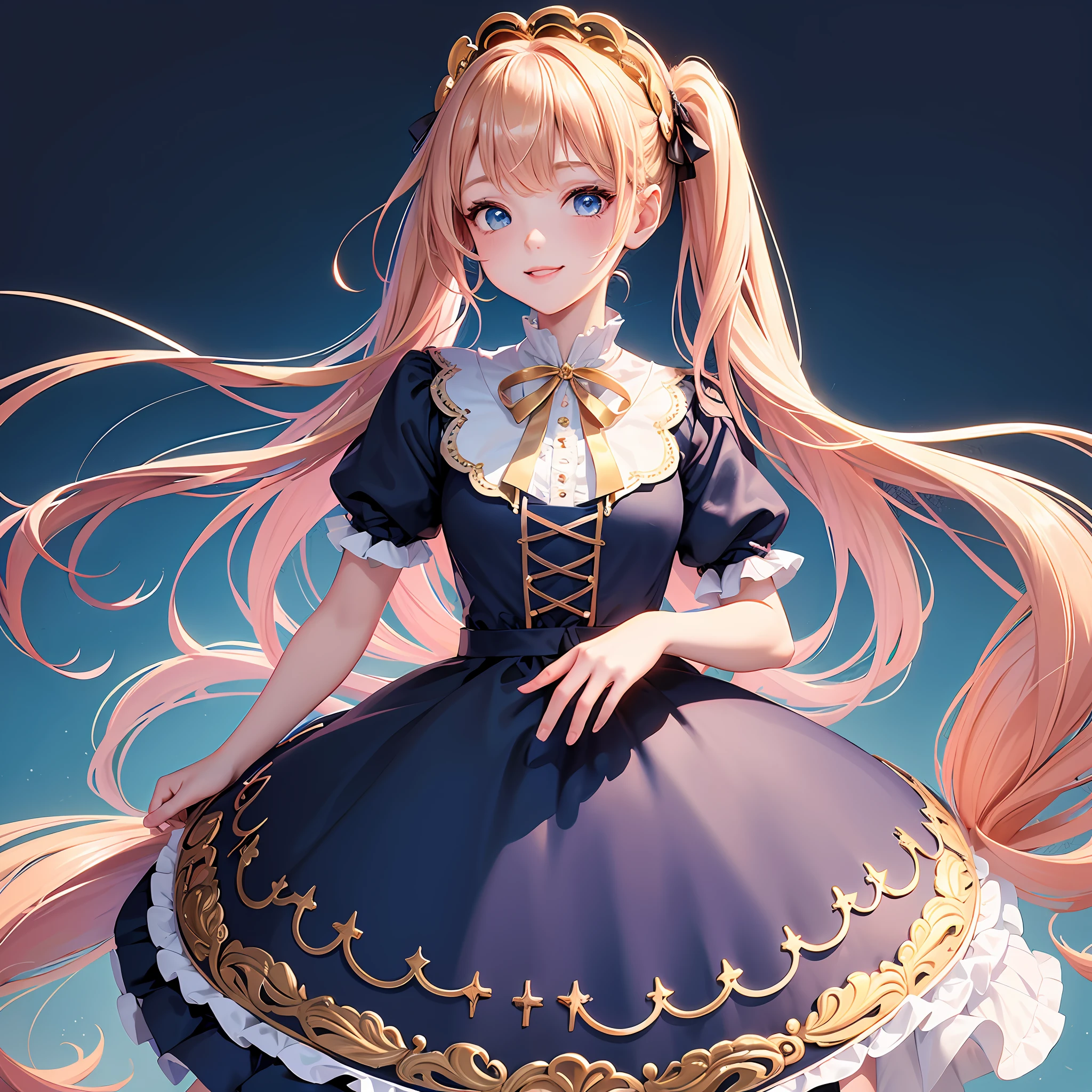 ((masterpiece)), 64k, highest quality,  ((simple)), ((plain background)), (1girl), smile, angelic cute deer girl, rose gold coloured hair, braided hair, twin ponytails, shimmery blue eyes, (sweet dark blue Lolita dress), lace dress, puffy sleeves, full body, white background