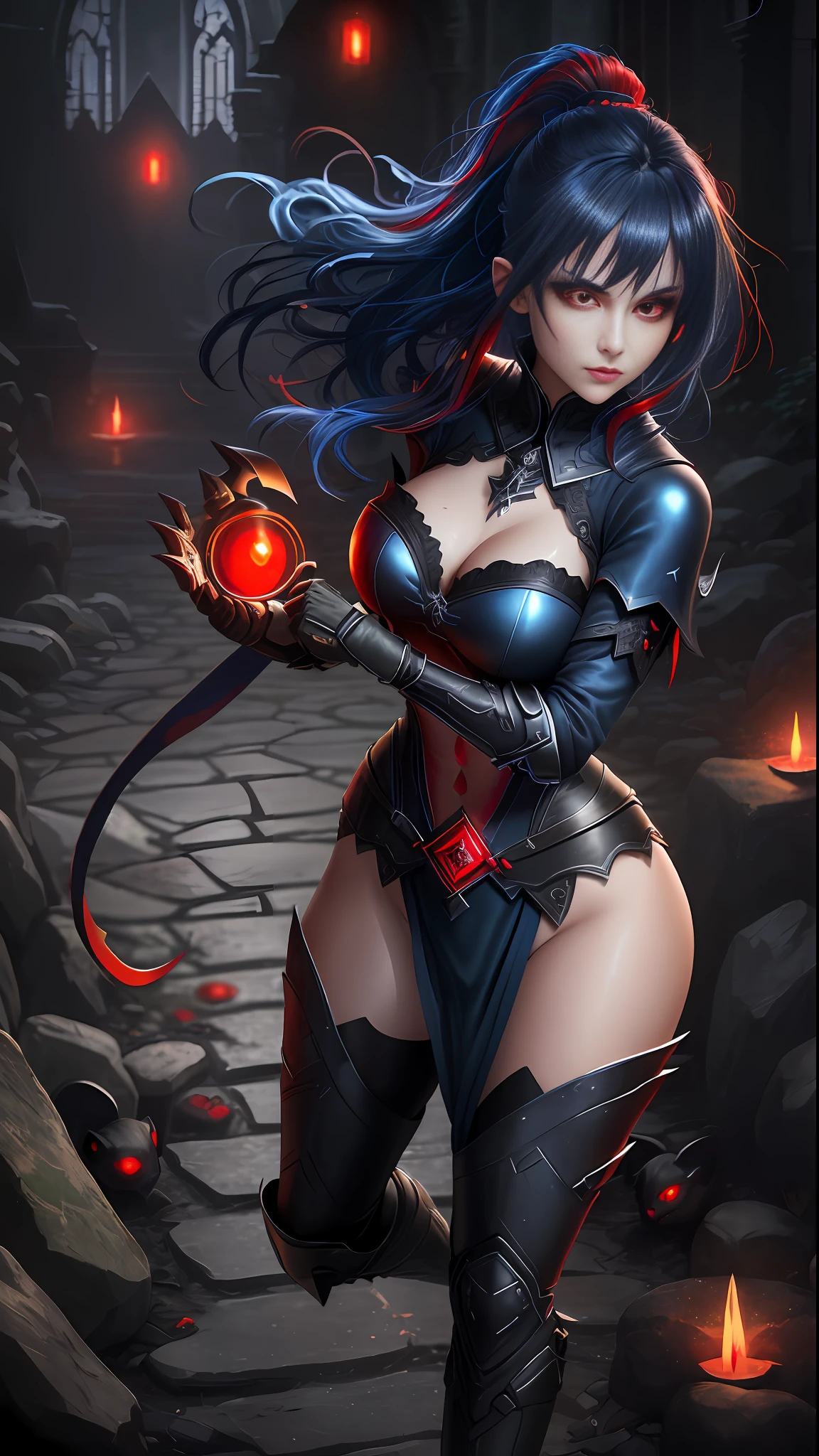 Wide hip, Perfect waist cut, Large breasts, Warrior girl with a falchion on hand, Skimpy organza clothes ,dark blue hair with red highlights, (perfect nose), Seductive gaze, Boots on high heels (Best Illustration), 8k Resolution, Intricate Details, Best Quality, Realistic, Ultra Detailed, Best Lighting, Best Shadows, Ultra HD, A Necromancer style, Night, Magic, Dark Style, Vampire, (shining red eyes:1.6), masterpiece, high_res, Beautiful face, tyndall effect, photo realistic, (high detailed skin:1.2), 8k uhd, dslr, high quality, Photograph, high resolution, 4k, 8k, Bokeh, absurdres, ponytail contorted, best ratio four finger and one thumb, front view, dark blue hair gorgeous, perfect proportional skinny fitness body, full body view, wet skin, wet clothes, dark cathedral baground scenery, huge bobs, sharp, ghlossy