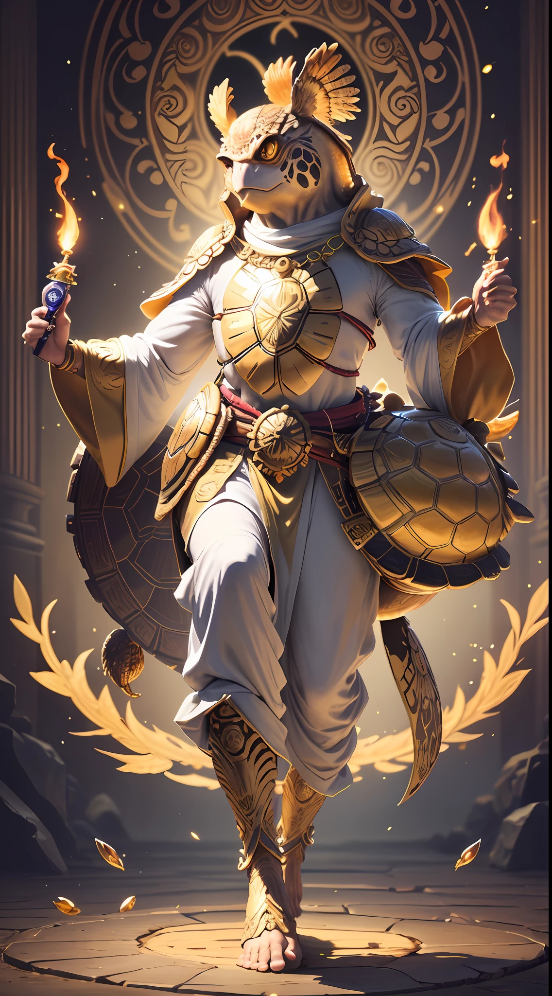 "Best-quality and ultra-detailed CG unity 8K wallpaper showcasing the divine and godlike aura of the majestic and wise (golden turtle:1.2) blessed with ancient wisdom."