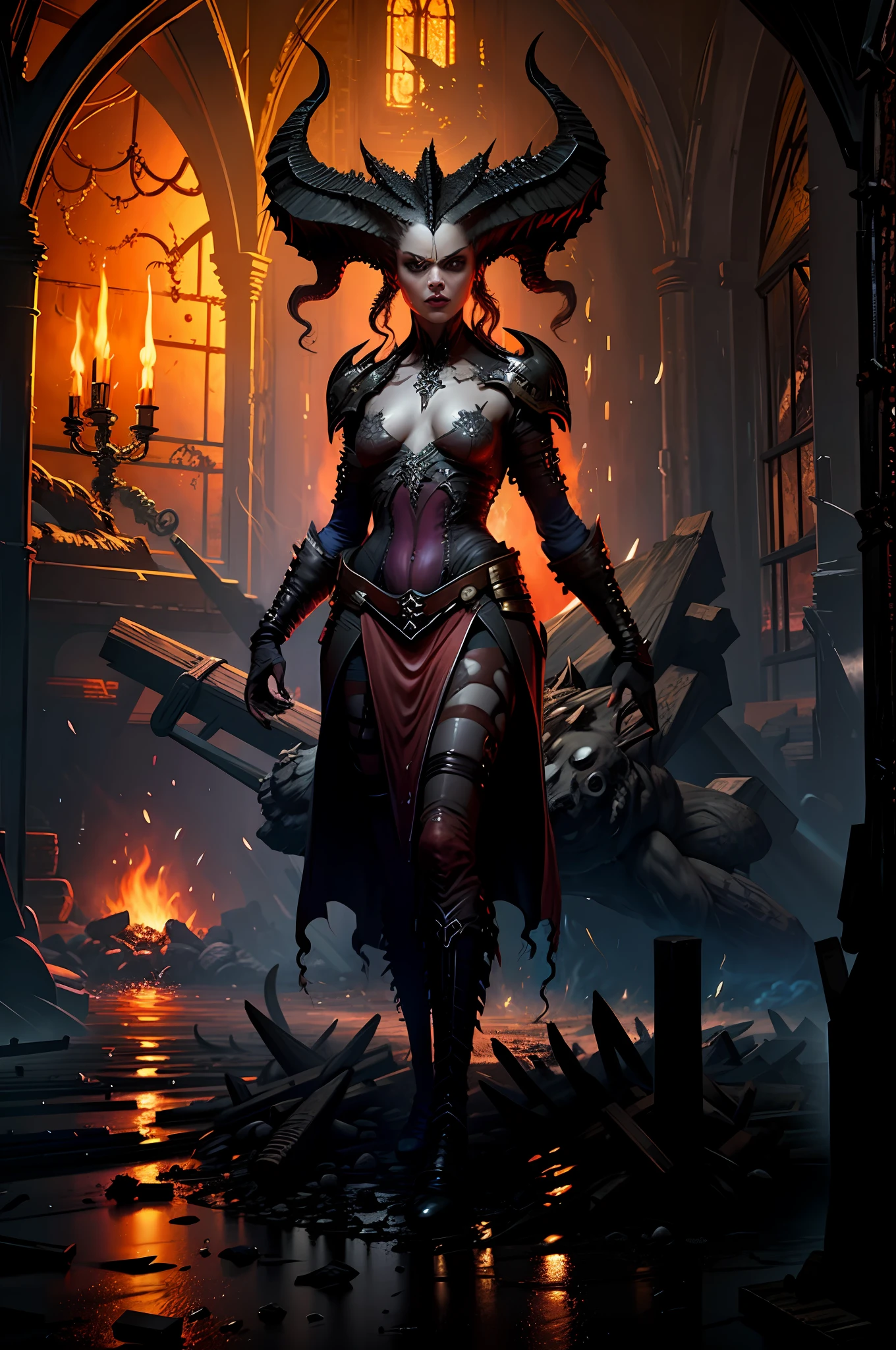 Lilith inside a church, fire, lightning, blood, full body, in the style of D14bl0
