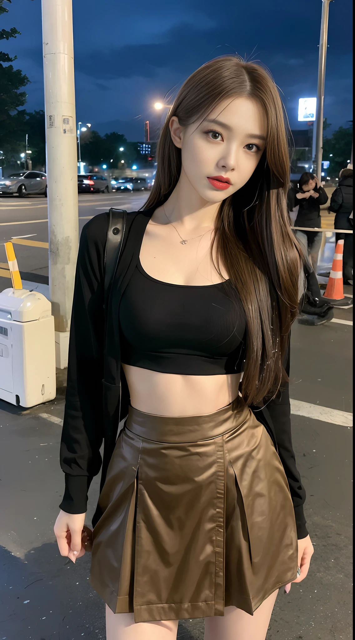 ((Realistic lighting, Best Quality, 8K, Masterpiece: 1.3)), Clear focus: 1.2, 1girl, Perfect Figure: 1.4, Slim Abs: 1.1, ((Long dark brown hair, small)), (Wet clothes: 1.4, Layered skirt: 1.3), (Outdoor, Night: 1.2), New York streets, Super fine face, Fine eyes, Double eyelids, (Full body: 1) Camera shooting angle
