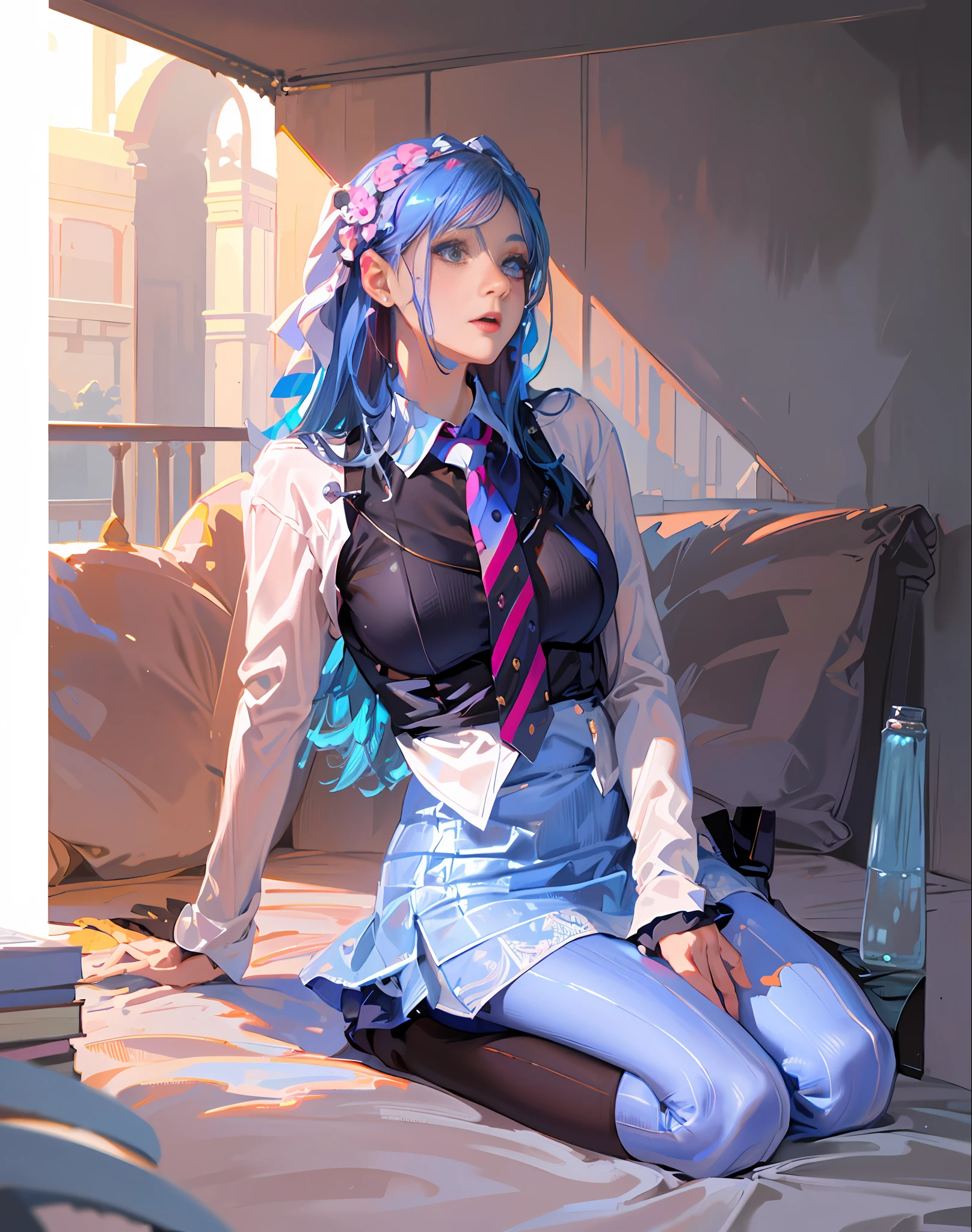 (detailed beautiful eyes and detailed face, masterpiece side light, masterpiece, best quality, detailed, high resolution illustration), (1 girl, beautiful girl, shiny skin), (sky blue hair, pink colored eyes, skirt, ribbon, button- shirt)(kneeling on the ground)