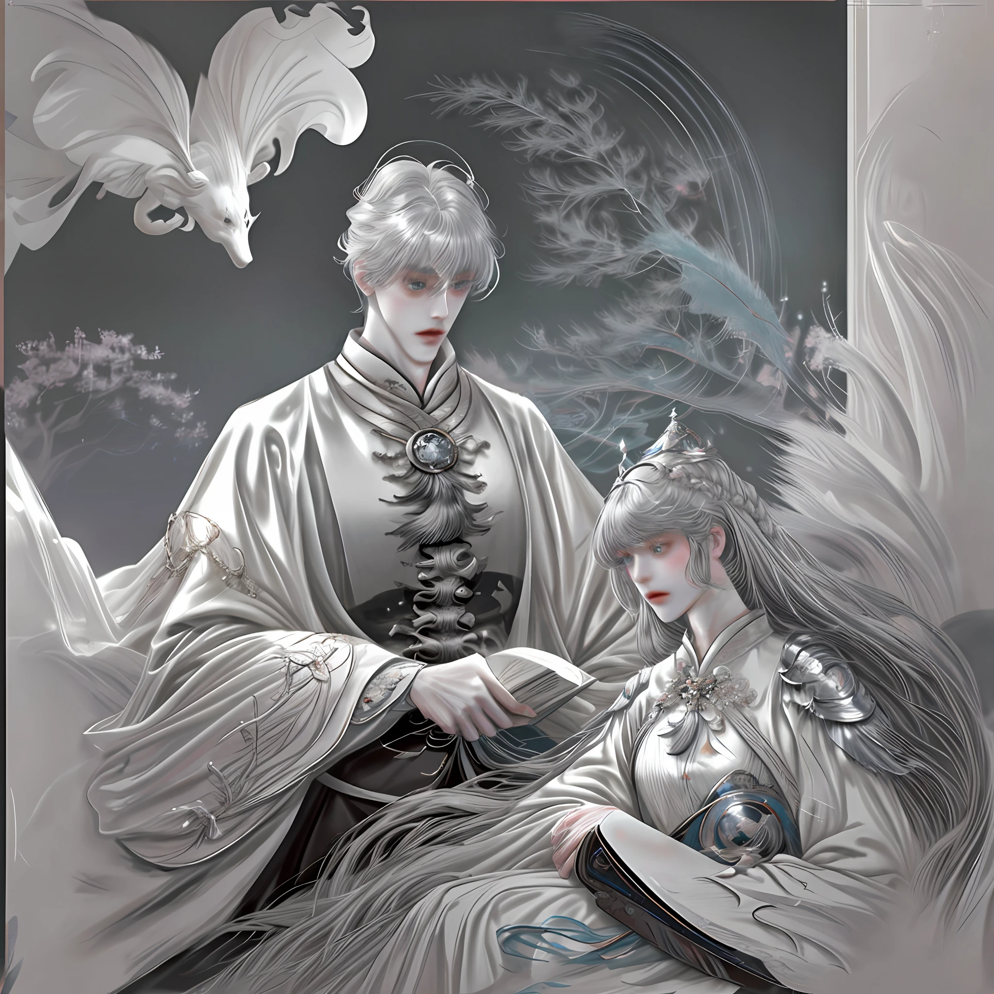 1/6 Nihei Tsutomu, Artdoll, Dollfie Dream, ultrarealistic, Soft Body, Skydoll Noa, Light Grey Waist-length wavy hairstyle, Soft Picture, Pale Milky White Porcelain Skin, Soft Man,Masterpiece, 8k, affectionate,sweet,sexy,seductive,nsfw,sexy, wearing a wizard hat, holding a magic textbook,