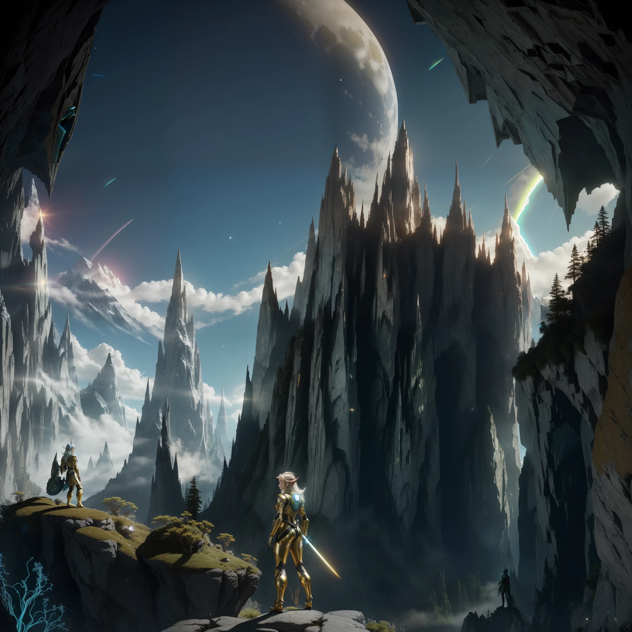 rear angle, highly detailed RAW color photo, rear angle, full body, close, close, of (female elf, wearing gold and silver suit, neon blue halo, face shield, neon blue light eyes), outdoor, (looking at advanced alien structure, in Middle-earth), toned body, big ass, (fantasy), (mountains: 1.1), (lush green vegetation), (3 moons in the sky: 0.8), (highly detailed, hyper-detailed, intricate), ((DAY TIME)), (lens flare:0.7), (bloom:0.7), particle effects, raytracing, cinematic lighting, shallow depth of field, shot on a nikon, 50mm wide-angle lens, sharp focus, cinematic Gravity 2023 film, behind