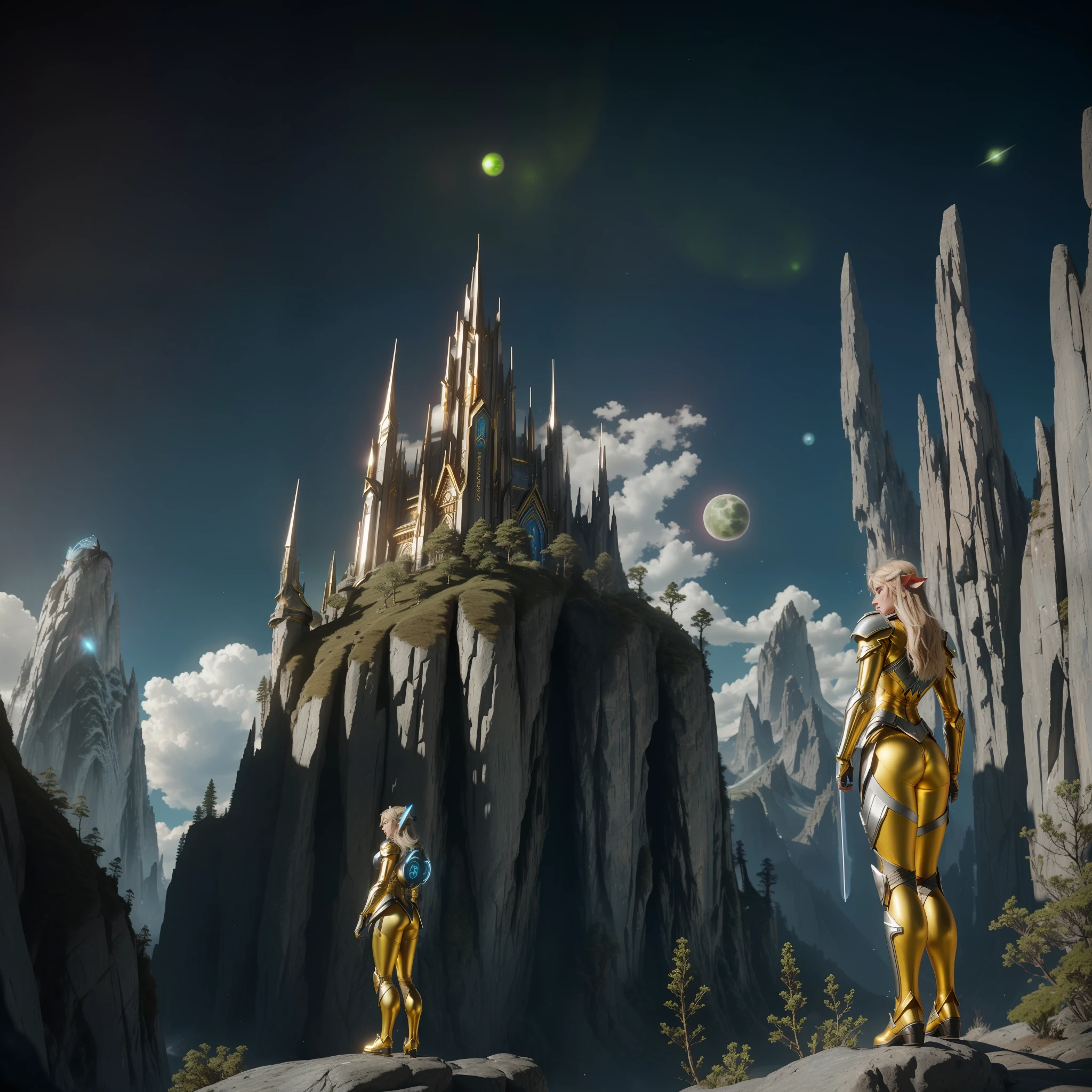 rear angle, highly detailed RAW color photo, rear angle, full body, close, close, of (female elf, wearing gold and silver suit, neon blue halo, face shield, neon blue light eyes), outdoor, (looking at advanced alien structure, in Middle-earth), toned body, big ass, (fantasy), (mountains: 1.1), (lush green vegetation), (3 moons in the sky: 0.8), (highly detailed, hyper-detailed, intricate), ((DAY TIME)), (lens flare:0.7), (bloom:0.7), particle effects, raytracing, cinematic lighting, shallow depth of field, shot on a nikon, 50mm wide-angle lens, sharp focus, cinematic Gravity 2023 film, behind