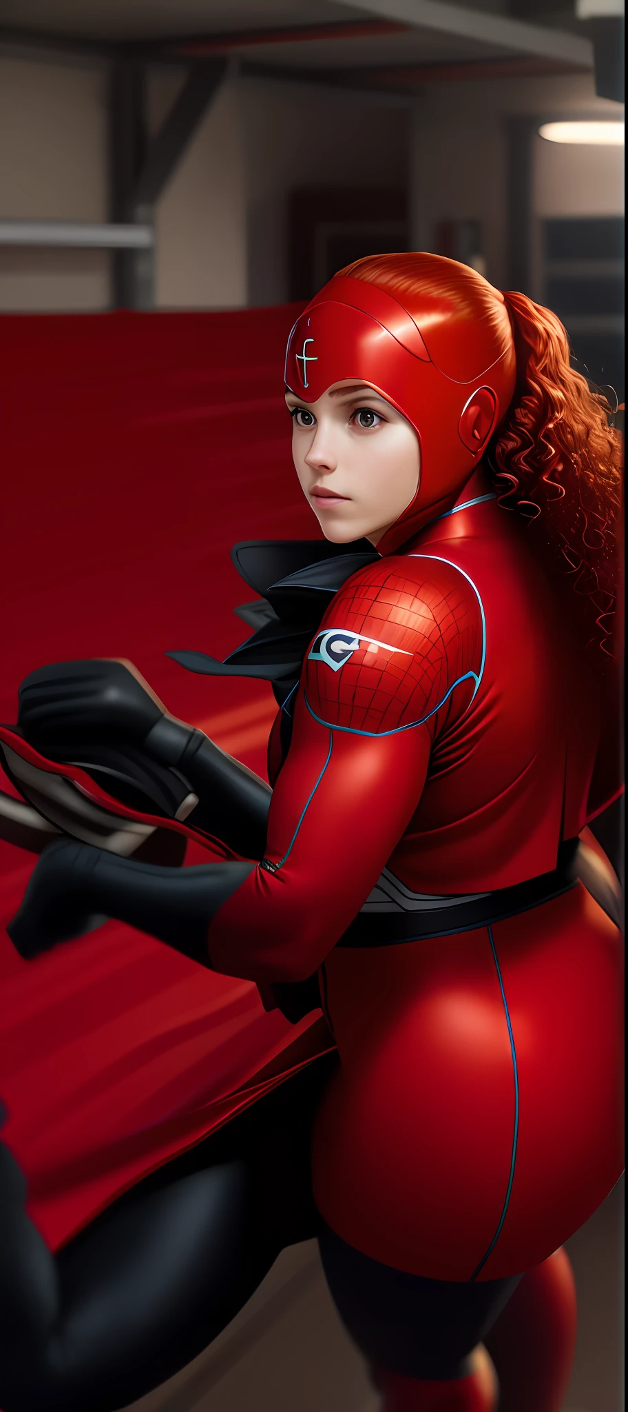 Athletic body, superhero cape. Curly hair red color. Realistic skin.