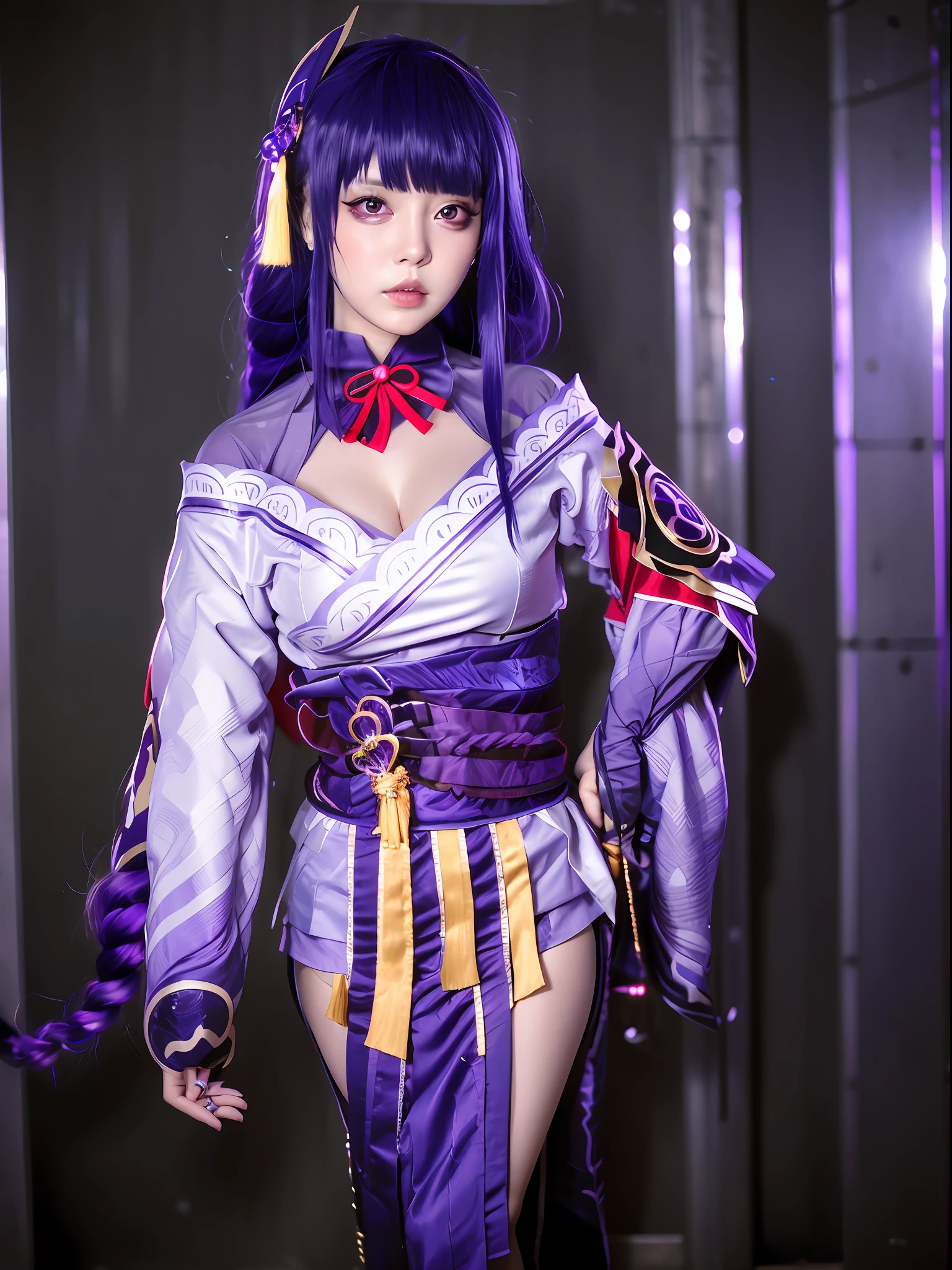 1girl, blunt bangs, braid, wide sleeves, hair ornament, japanese clothes, red obi, (purple hair:1.2), very long hair, straight hair, looking at viewer, highly detailed background, (photo realistic:1.2), detailed eyes, red eyeshadow, depth of field, symmetry eyes, (ulzzang-6500:0.7), (solo:1.2), (cyberpunk city:1.1), cleavage, hand on lips