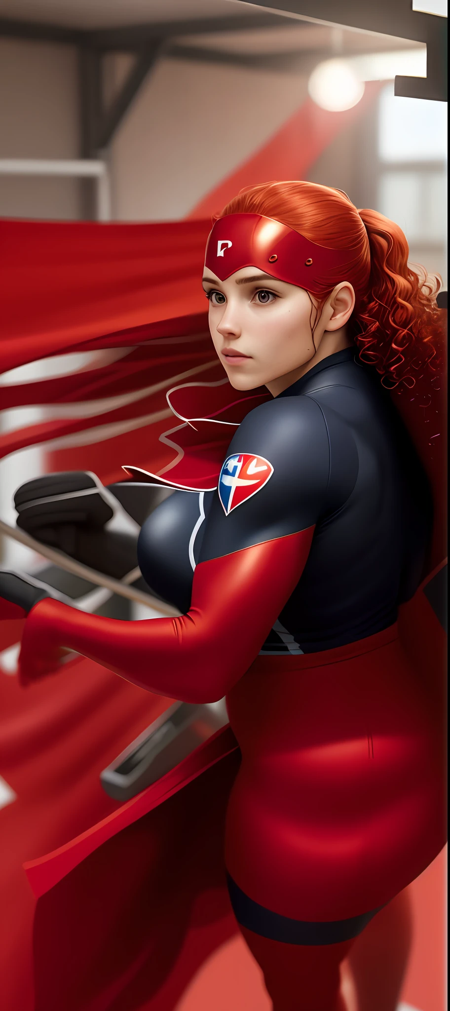 Athletic body, superhero cape. Curly hair red color. Realistic skin.