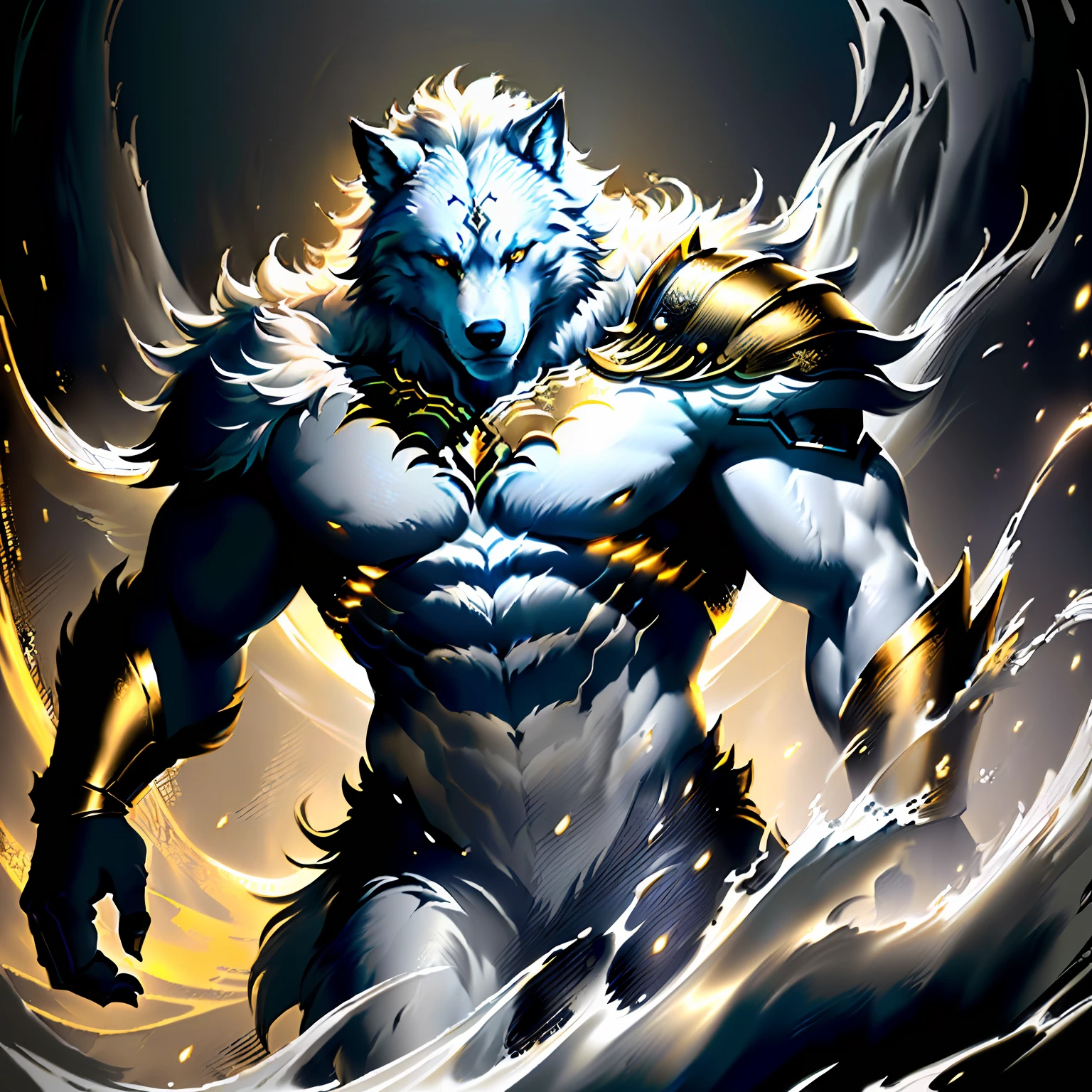 Beautiful cinematic realistic (oil painting:1.1) of a handsome (werewolf guardian , (samoyed:0.8)) , emerging, descending from ( a big misty dark ink splash on paper , silver and golden paint splash, dynamic lighting), hires, 8k, big detailed clear silver eyes, detailed body armor, 4 fingers, anthropomorphic,