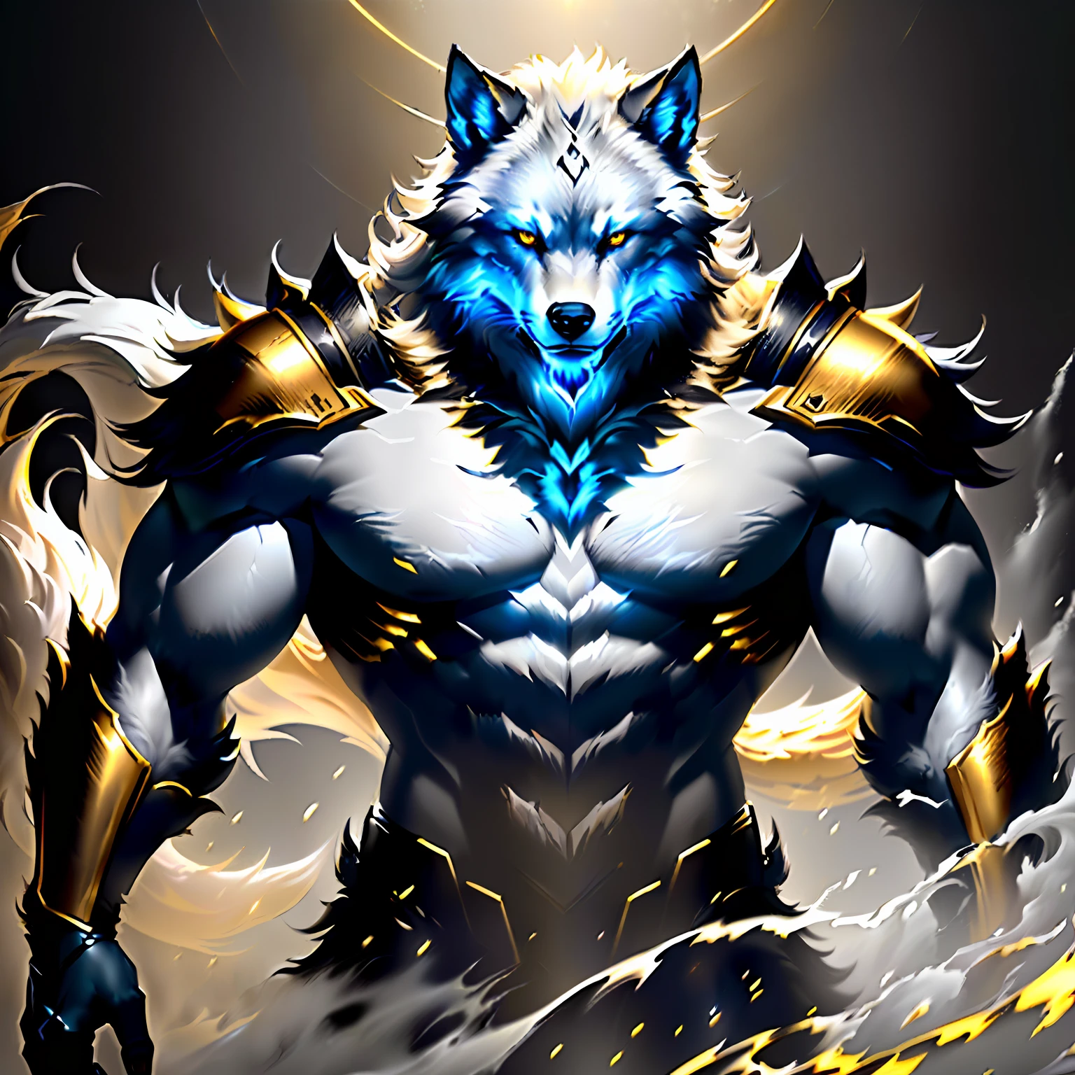 Beautiful cinematic realistic (oil painting:1.1) of a handsome (werewolf guardian , (samoyed:0.8)) , emerging, descending from ( a big misty dark ink splash on paper , silver and golden paint splash, dynamic lighting), hires, 8k, big detailed clear silver eyes, detailed body armor, 4 fingers, anthropomorphic,