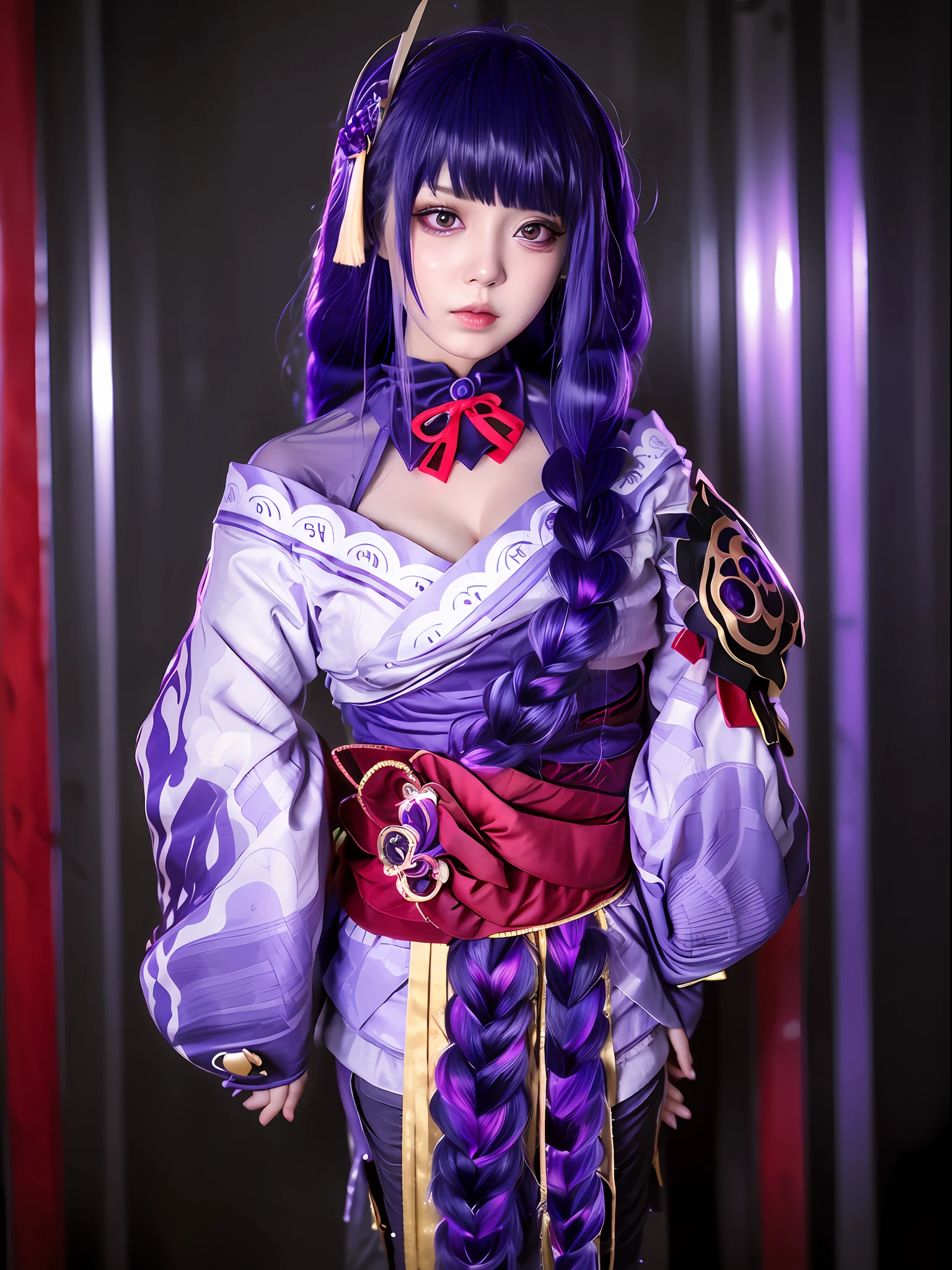 1girl, blunt bangs, braid, wide sleeves, hair ornament, japanese clothes, red obi, (purple hair:1.2), very long hair, straight hair, looking at viewer, highly detailed background, (photo realistic:1.2), detailed eyes, red eyeshadow, depth of field, symmetry eyes, (ulzzang-6500:0.7), (solo:1.2), (cyberpunk city:1.1), cleavage, hand on lips