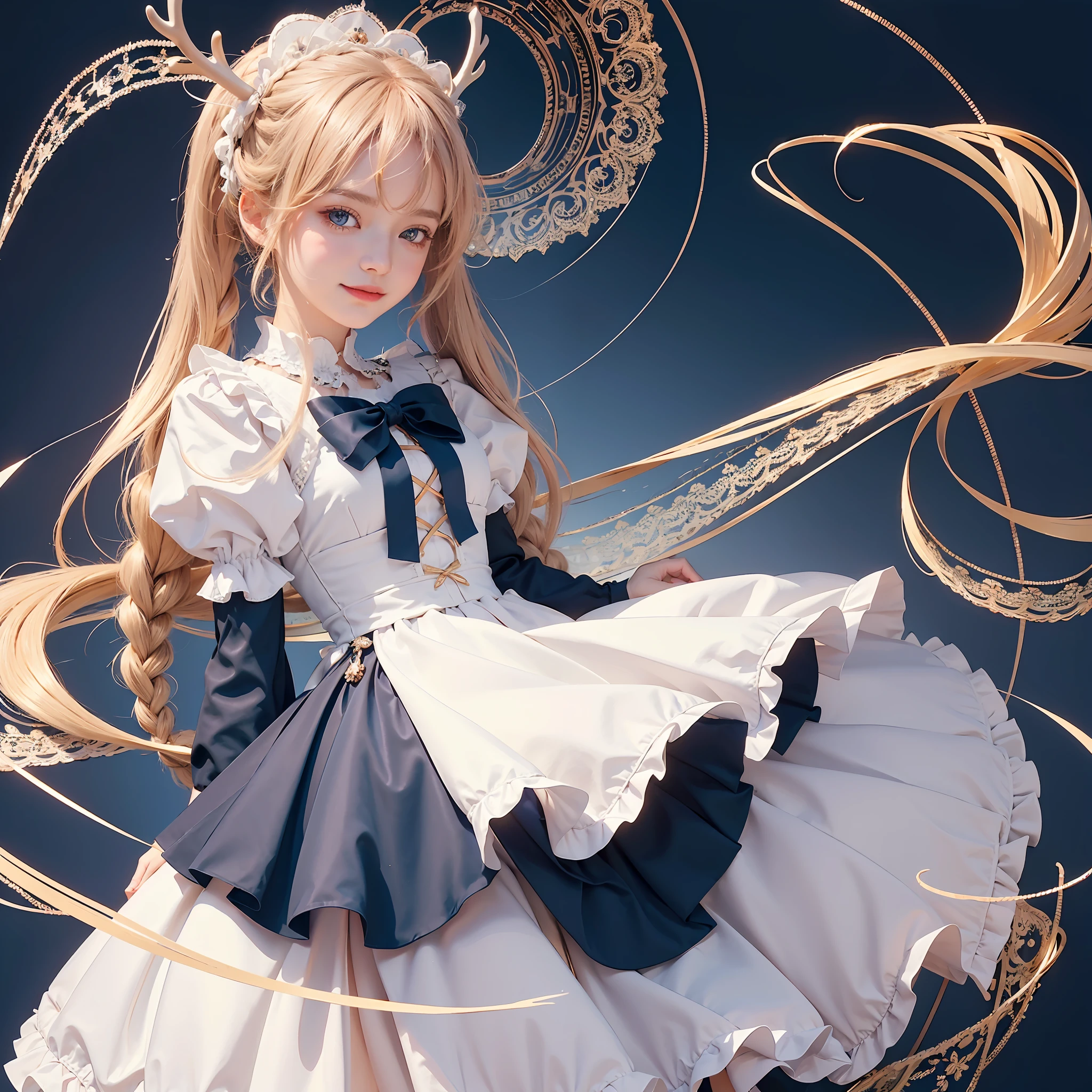 ((masterpiece)), 64k, highest quality, ultra realistic, ((plain background)), (1girl), smile, angelic cute deer girl, rose gold coloured hair, braided hair, twin ponytails, shimmery blue eyes, (sweet dark blue ta dress), lace dress, puffy sleeves, full body, white background