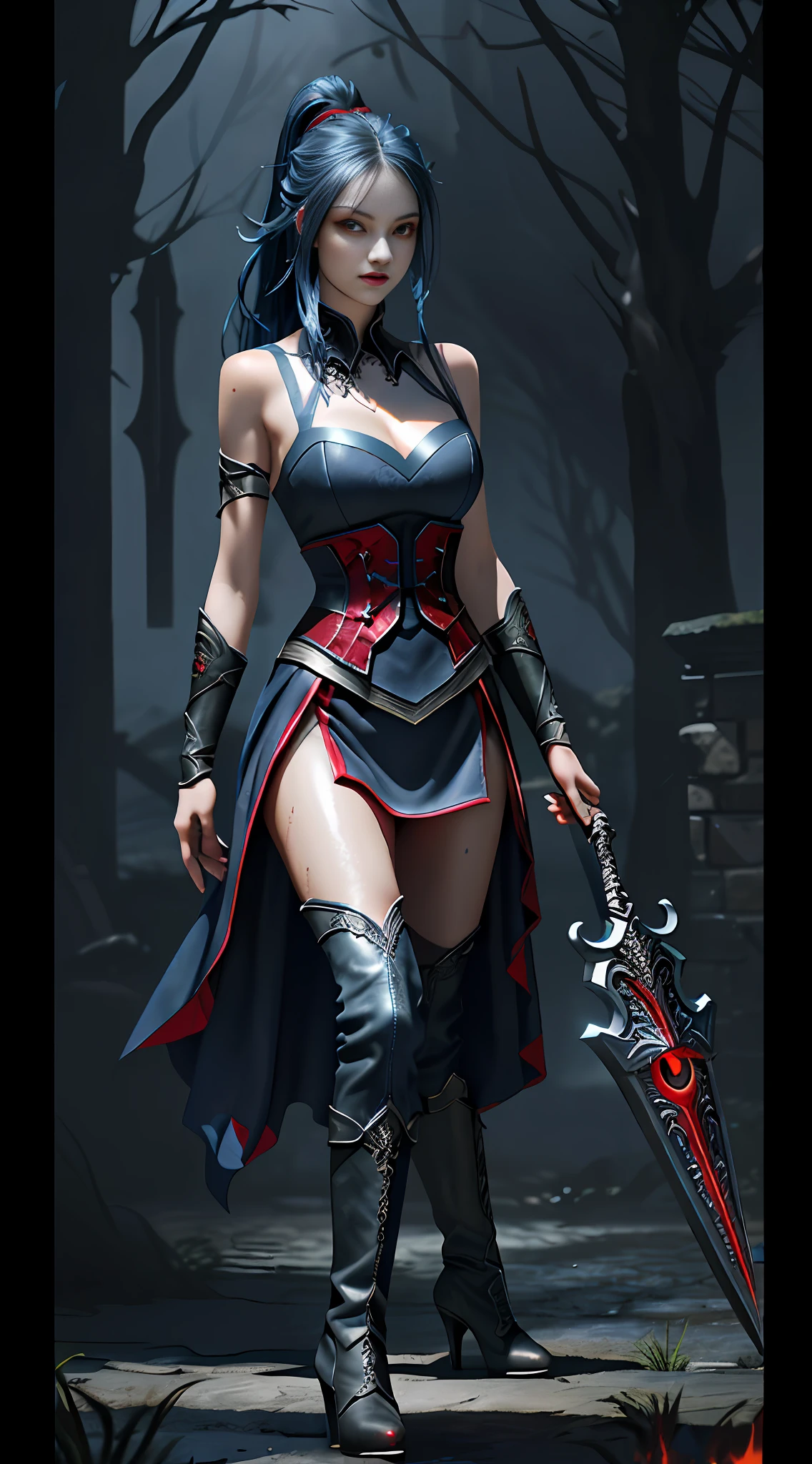 Wide hip, Perfect waist cut, Large breasts, Warrior girl with a falchion on hand,  Skimpy organza clothes ,dark blue hair with red highlights, (perfect nose), Seductive gaze, Boots on high heels (Best Illustration), 8k Resolution, Intricate Details, Best Quality, Realistic, Ultra Detailed, Best Lighting, Best Shadows, Ultra HD, A Necromancer style, Night, Magic, Dark Style, Vampire, (shining red eyes:1.6), masterpiece, high_res, Beautiful face, tyndall effect, photo realistic, (high detailed skin:1.2), 8k uhd, dslr, high quality, Photograph, high resolution, 4k, 8k, Bokeh, absurdres, ponytail contorted, best ratio four finger and one thumb, front view, dark blue hair gorgeous, perfect proportional skinny fitness body, full body view, wet skin, wet clothes, dark cathedral baground scenery, huge bobs