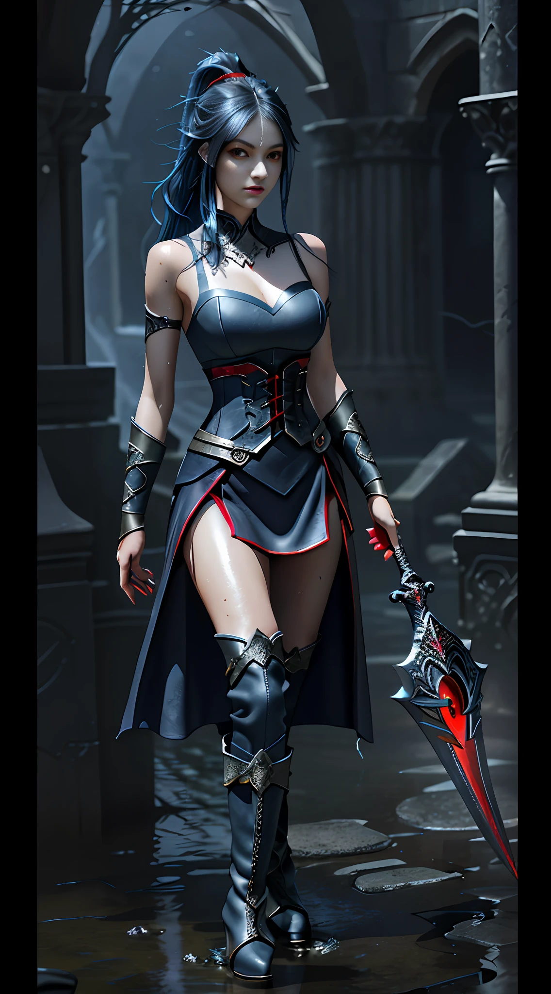 Wide hip, Perfect waist cut, Large breasts, Warrior girl with a falchion on hand, Skimpy organza clothes ,dark blue hair with red highlights, (perfect nose), Seductive gaze, Boots on high heels (Best Illustration), 8k Resolution, Intricate Details, Best Quality, Realistic, Ultra Detailed, Best Lighting, Best Shadows, Ultra HD, A Necromancer style, Night, Magic, Dark Style, Vampire, (shining red eyes:1.6), masterpiece, high_res, Beautiful face, tyndall effect, photo realistic, (high detailed skin:1.2), 8k uhd, dslr, high quality, Photograph, high resolution, 4k, 8k, Bokeh, absurdres, ponytail contorted, best ratio four finger and one thumb, front view, dark blue hair gorgeous, perfect proportional skinny fitness body, full body view, wet skin, wet clothes, dark cathedral baground scenery, huge bobs