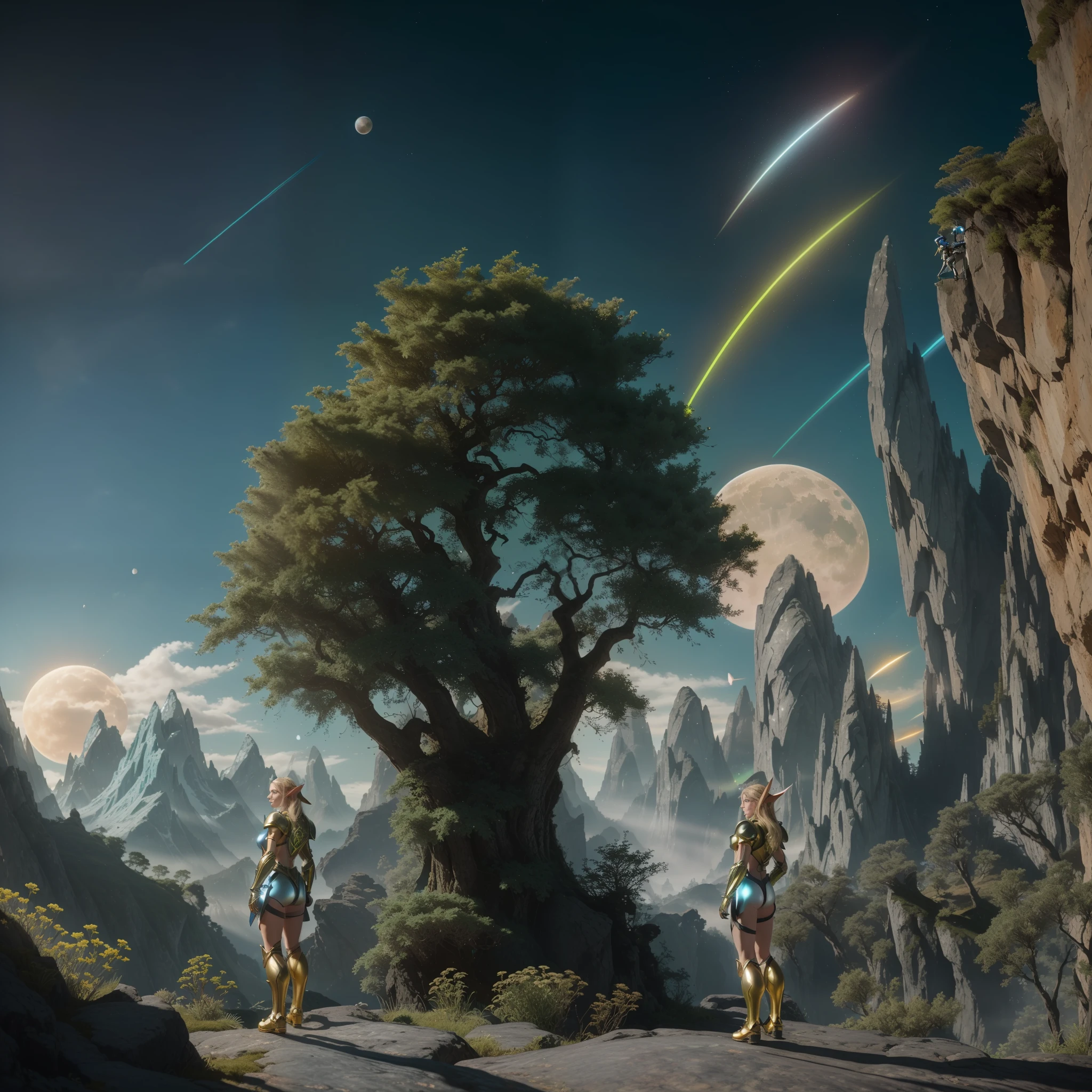 back angle, highly detailed RAW color photo, rear angle, full body,close, close, of (female elf, wearing gold and silver suit, clouse-up, neon blue halo, face shield, neon blue light eyes), outdoors, (looking at advanced alien structure, in Middle-earth), toned body, big ass, (fantasy), (mountains: 1.1), (lush green vegetation), (3 moons in the sky: 0.8), (highly detailed, hyperdetailed, intricate), ((DAY TIME)), (lens flare:0.7), (bloom:0.7), particle effects, raytracing, cinematic lighting, shallow depth of field, shot on a nikon, 100mm lens, sharp focus, cinematic Gravity 2023 film, behind