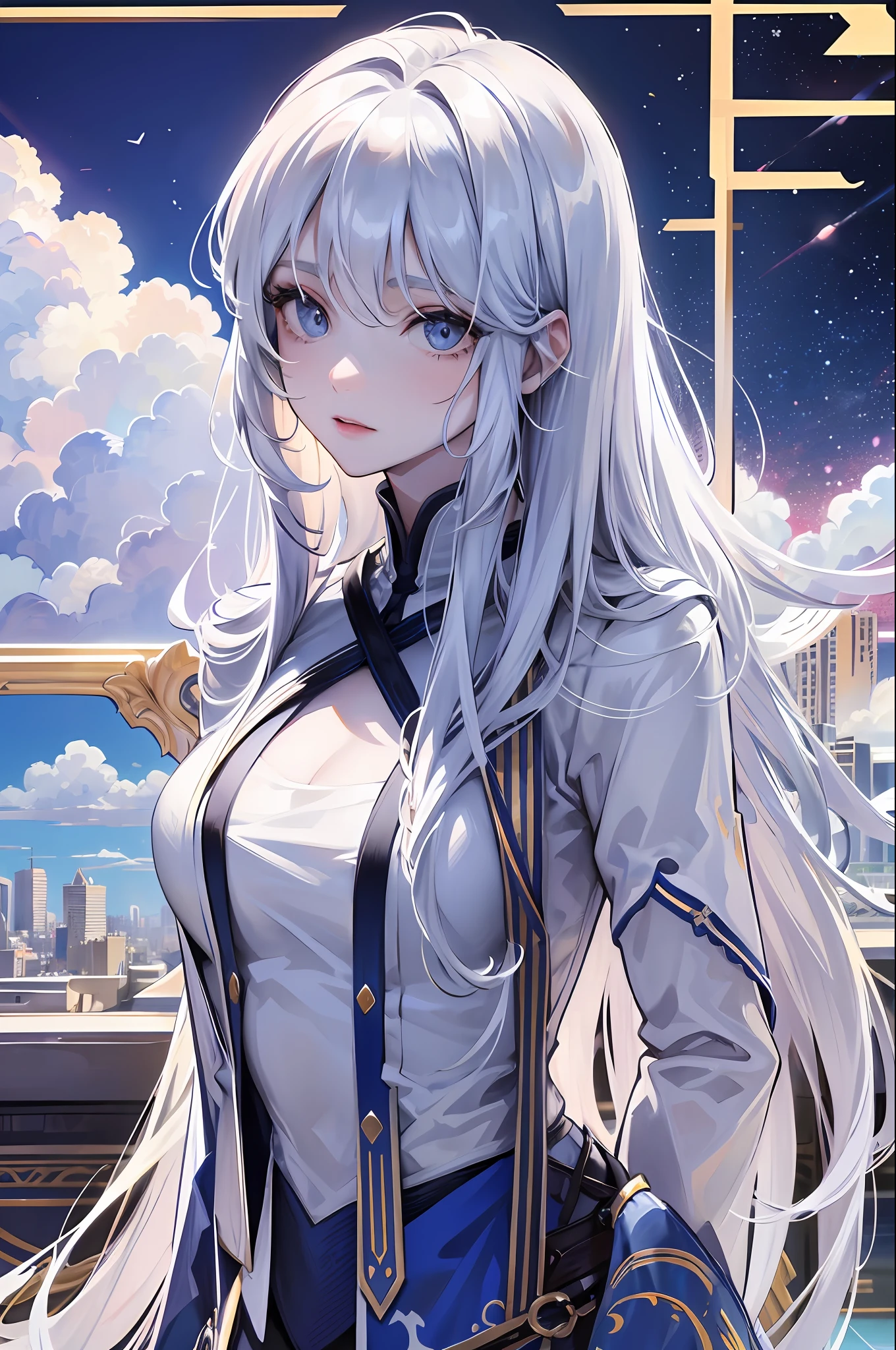 official art, masterpiece, sharp focus, delicate beautiful hair and eyes and face, real, super detailed, beautiful girl, blue sky, glowing white particles, (sidelight:1.2), sunshine, white clouds, fine clouds, slender, pretty breasts and big ass, scenery, long straight hair, sexy look, buildings, (cityscape: 1.7), dynamic hair, long straight hair, white skin, magnificent landscape,