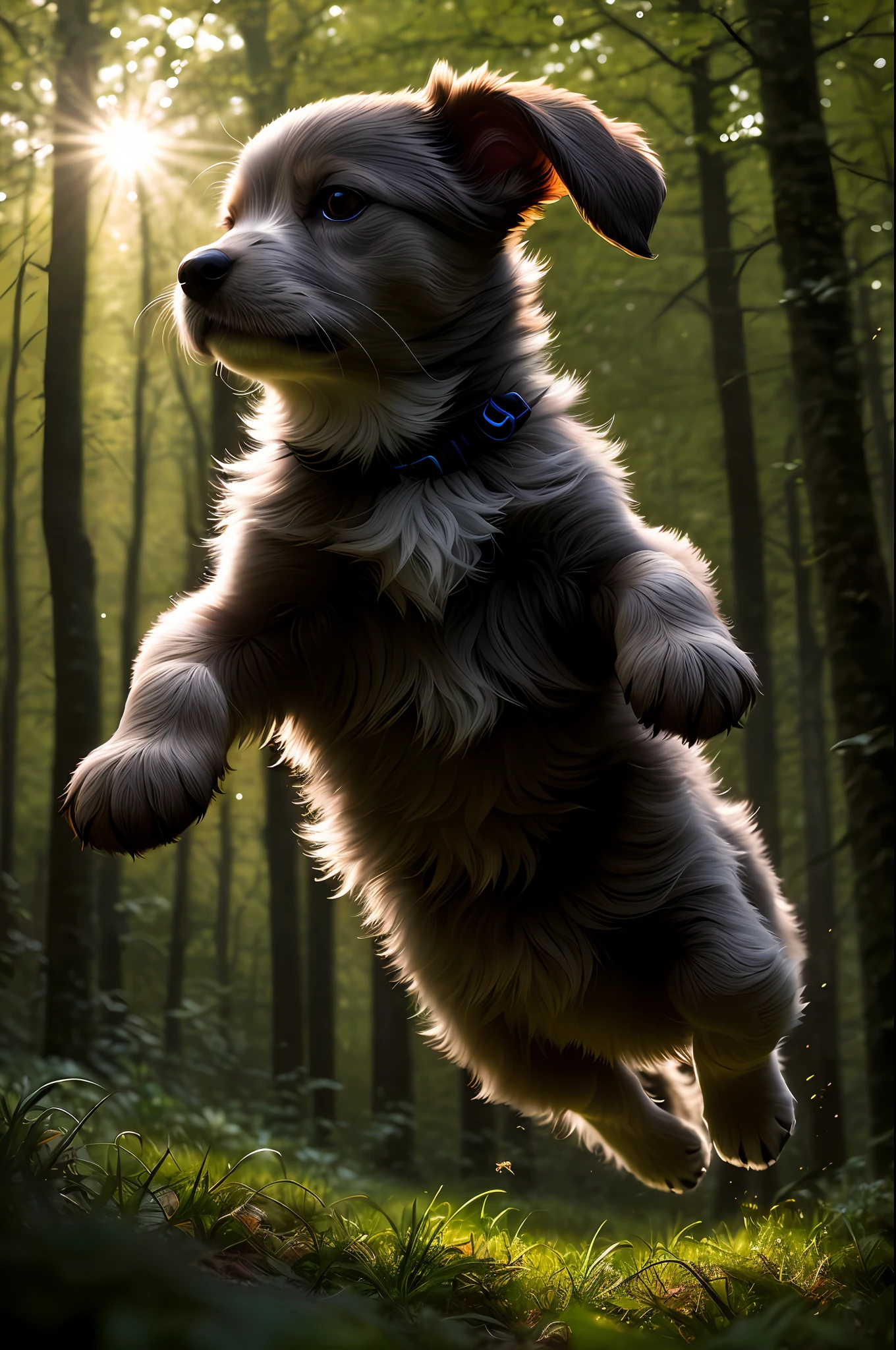 close up photo of a very cute jumping puppy in the forest, look at a camera, soft volumetric lights, (backlit:1.3), (cinematic:1.2), intricate details, (ArtStation:1.3), Rutkowski