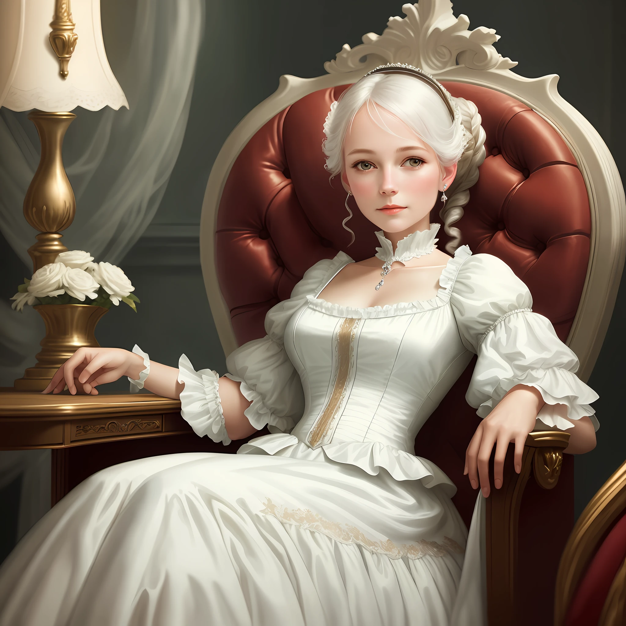 a woman in a white dress sitting in a chair, a portrait by Robert Beauchamp, cg society contest winner, rococo, elegant, rococo, enchanting, realistic, cinematic