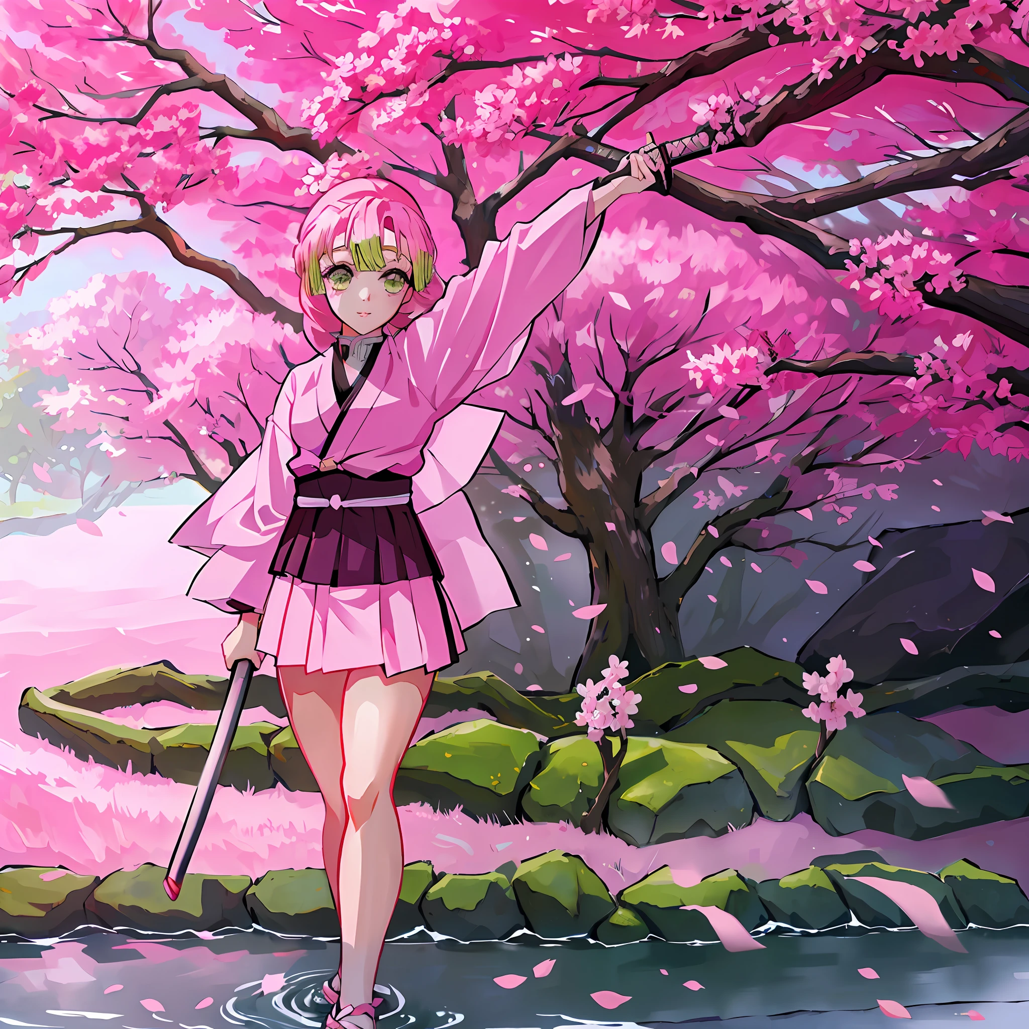 a girl in a sakura forest holding a katana, 1girl, beautyful, ultra detailed, kimetsu no yaiba, cute, solo, fullbody, good anatomy, standing, katana, beautyful body, sakura forest, beautyful legs, beautyful face, high quality, anime, beautyful background, beautyful, kimono, masterpiece