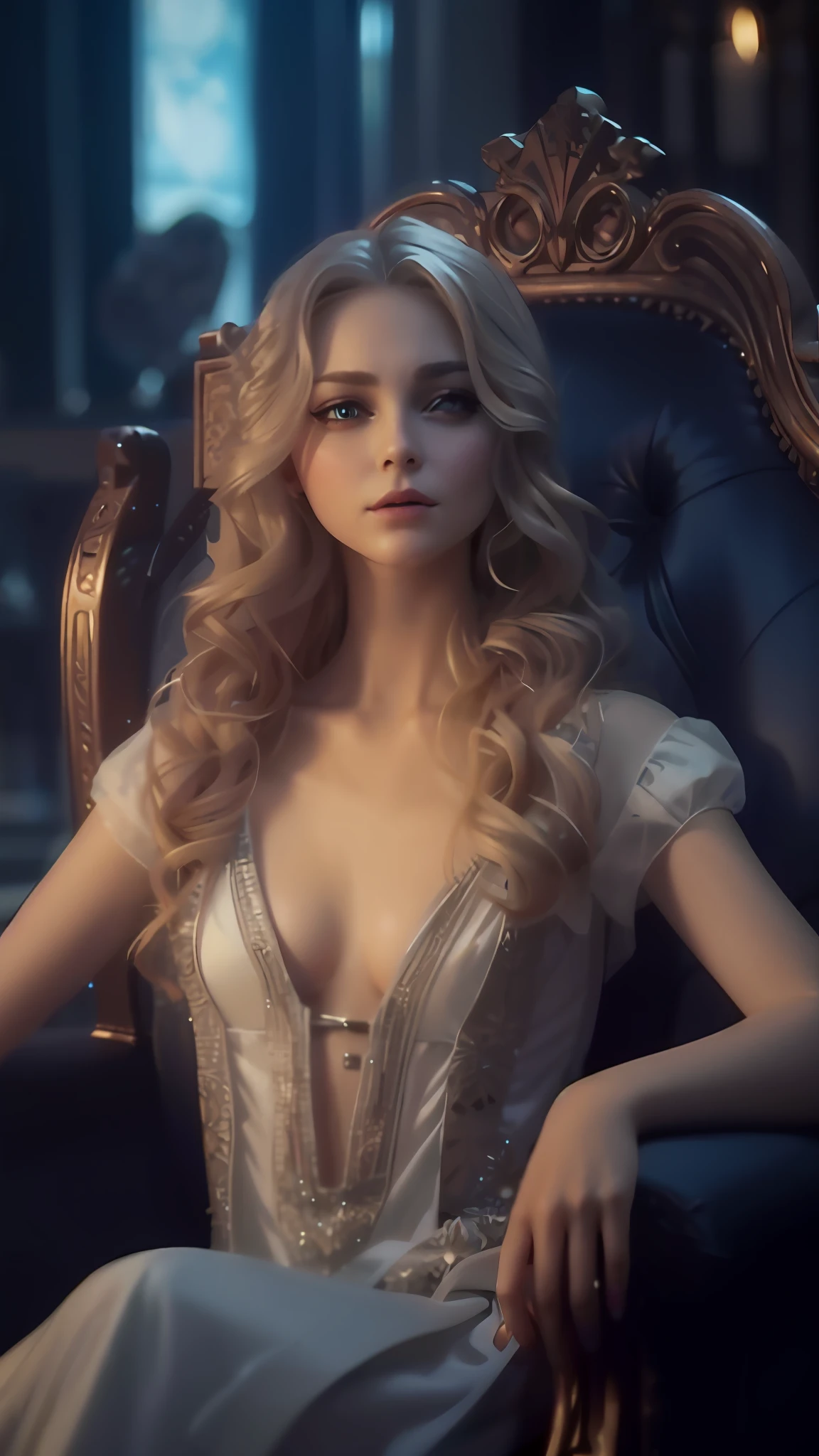 a woman sitting in a chair with a dress on, karol bak uhd, annasophia robb as aphrodite, highly detailed vfx portrait, cinematic goddess shot, samara weaving vampire, very beautiful elven top model, cinematic goddess close shot, amazing cgi, karol bak of emma watson nun, a beautiful victorian woman, attractive girl