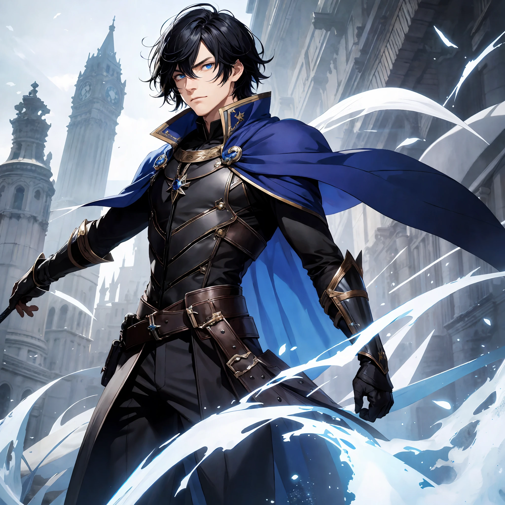 masterpiece, best quality, 1man, adult, male focus, solo, medium black hair, vibrant blue eyes, looking at viewer, cape, High quality metal texture, overcoat, closed mouth, bangs, high collar,(kbxll:0.6), Fantasy aesthetics, Highly detailed, shadowverse style, executor outfit