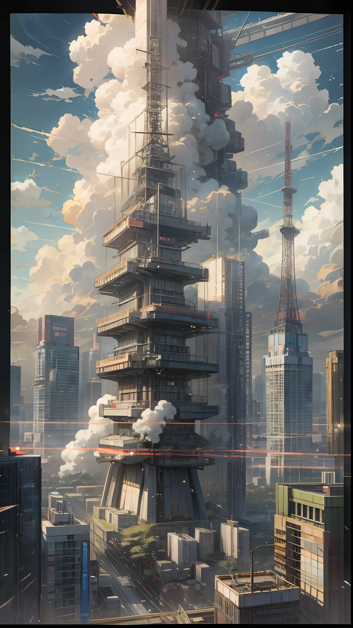 Tokyo city 100 years later, fantastic, wide sky, clouds, holding_weapon, no_humans, glow, robot, architecture, science fiction, urban, reality --v6