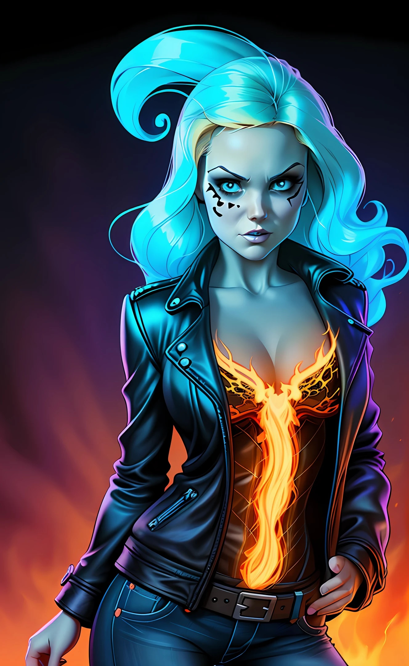 blonde curly hair, turquoise skull face, female ghost rider perfect body, animation character,  character illustration,  glen keane,  lisa keane,  realistic,  disney style character,  detailed,  digital art,  4k,  ultra hd