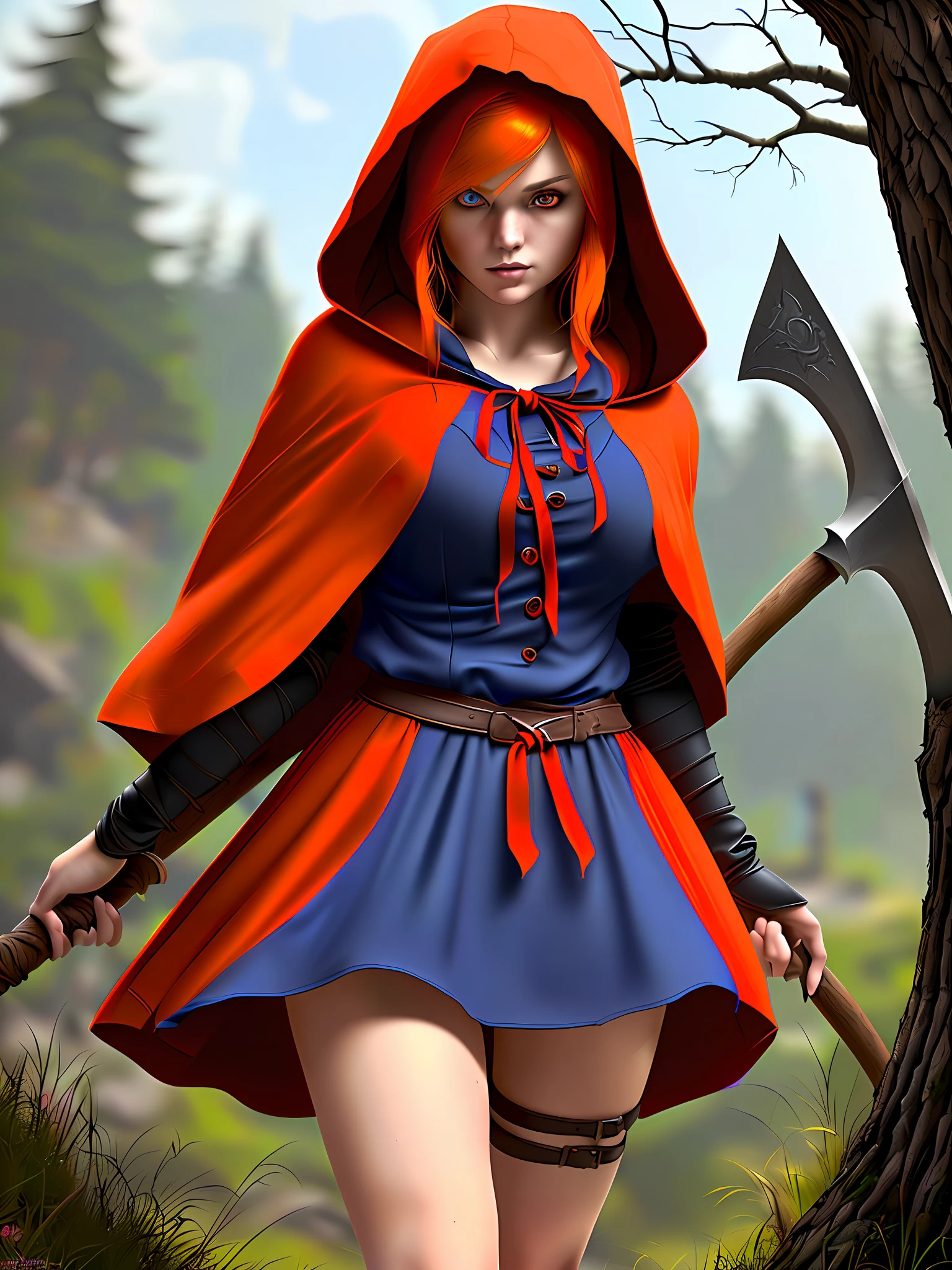 Teen, female, beautiful and cute, cloth of little red riding hood, 8k, orange hair, blue pupils, evil face, holding Axe, old looking clothes, Super realistic, extremely detailed, masterpiece, detailed background, cute, full body, anime style