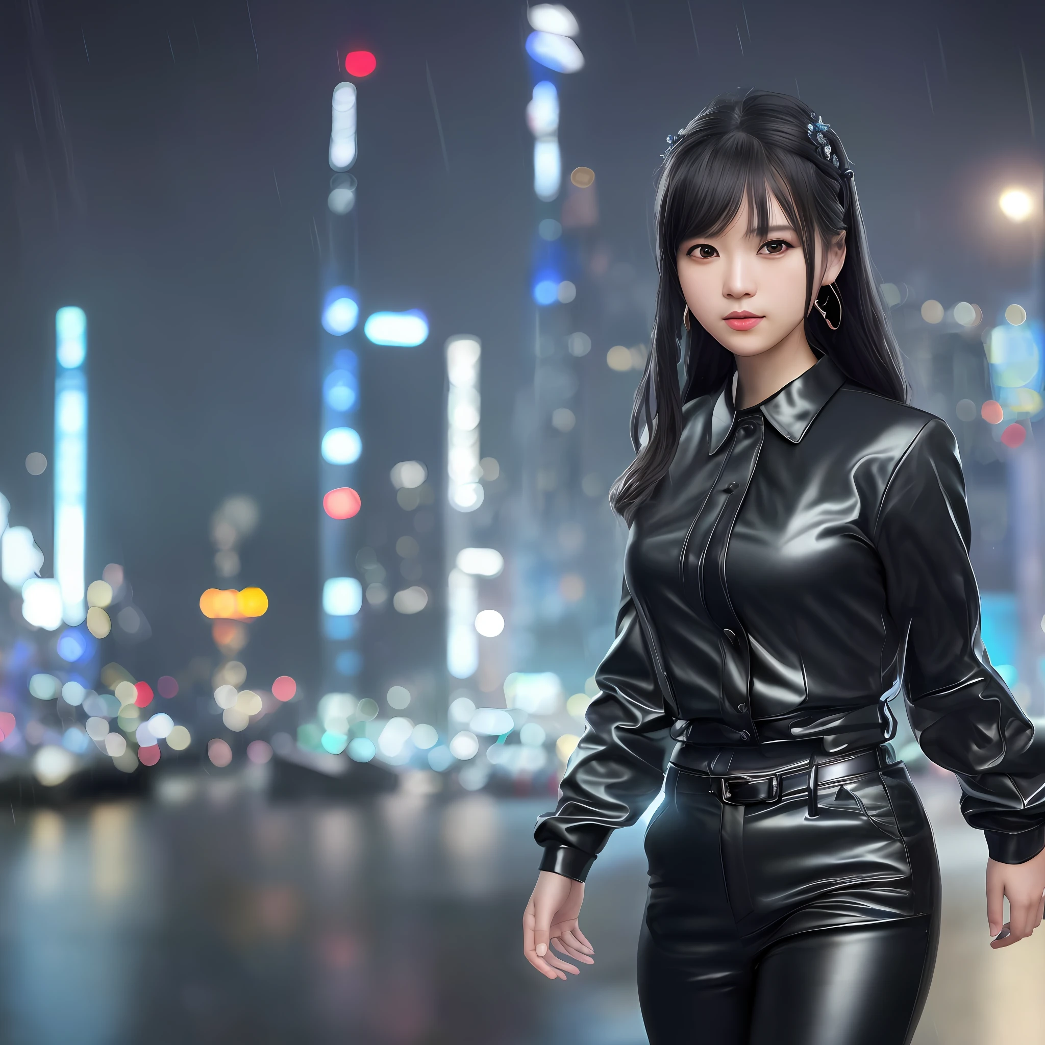 (8k, RAW photo, best quality, masterpiece:1.2), (realistic, photo-realistic:1.37),st. louis \(luxurious wheels\) \(azur lane\),1girl,(Kpop idol), (aegyo sal:1),hair ornament, portrait, (black leather blouse and trouser dress:1.1), necklace, blue nails,cute,cityscape, night, rain, wet, professional lighting, photon mapping, radiosity, physically-based rendering