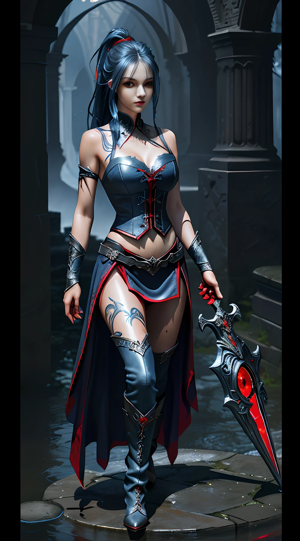 Wide hip, Perfect waist cut, Large breasts, Warrior girl with a scimitar on hand, Skimpy organza clothes ,dark blue hair with red highlights, (perfect nose), Seductive gaze, Boots on high heels (Best Illustration), 8k Resolution, Intricate Details, Best Quality, Realistic, Ultra Detailed, Best Lighting, Best Shadows, Ultra HD, A Necromancer style, Night, Magic, Dark Style, Vampire, (shining red eyes:1.6), masterpiece, high_res, Beautiful face, tyndall effect, photo realistic, (high detailed skin:1.2), 8k uhd, dslr, high quality, Photograph, high resolution, 4k, 8k, Bokeh, absurdres, ponytail contorted, best ratio four finger and one thumb, front view, dark blue hair gorgeous, perfect proportional skinny fitness body, full body view, wet skin, wet clothes, dark cathedral baground scenery, huge bobs