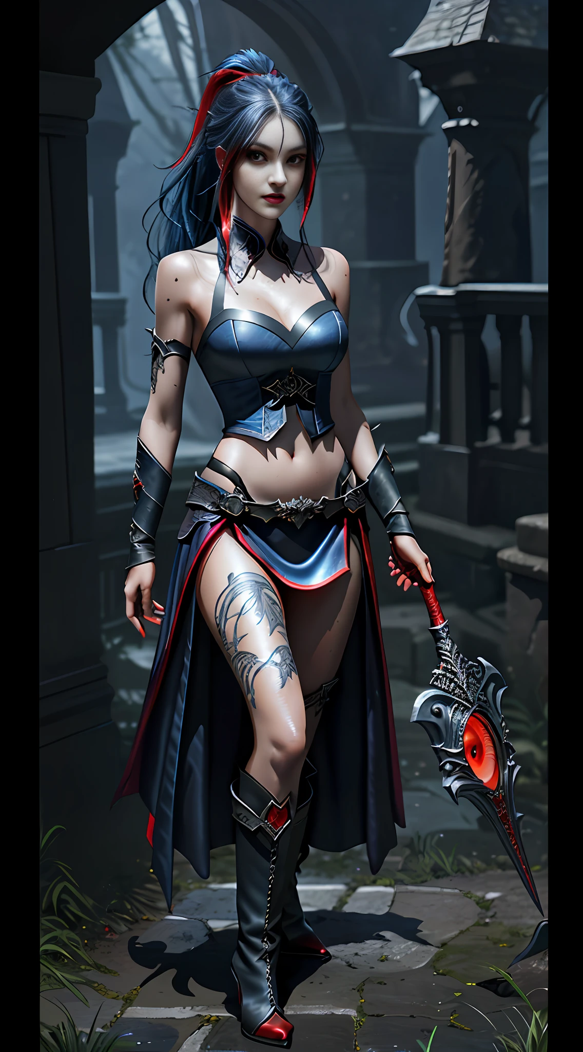 Wide hip, Perfect waist cut, Large breasts, Warrior girl with a scimitar on hand, Skimpy organza clothes ,dark blue hair with red highlights, (perfect nose), Seductive gaze, Boots on high heels (Best Illustration), 8k Resolution, Intricate Details, Best Quality, Realistic, Ultra Detailed, Best Lighting, Best Shadows, Ultra HD, A Necromancer style, Night, Magic, Dark Style, Vampire, (shining red eyes:1.6), masterpiece, high_res, Beautiful face, tyndall effect, photo realistic, (high detailed skin:1.2), 8k uhd, dslr, high quality, Photograph, high resolution, 4k, 8k, Bokeh, absurdres, ponytail contorted, best ratio four finger and one thumb, front view, dark blue hair gorgeous, perfect proportional skinny fitness body, full body view, wet skin, wet clothes, dark cathedral baground scenery, huge bobs