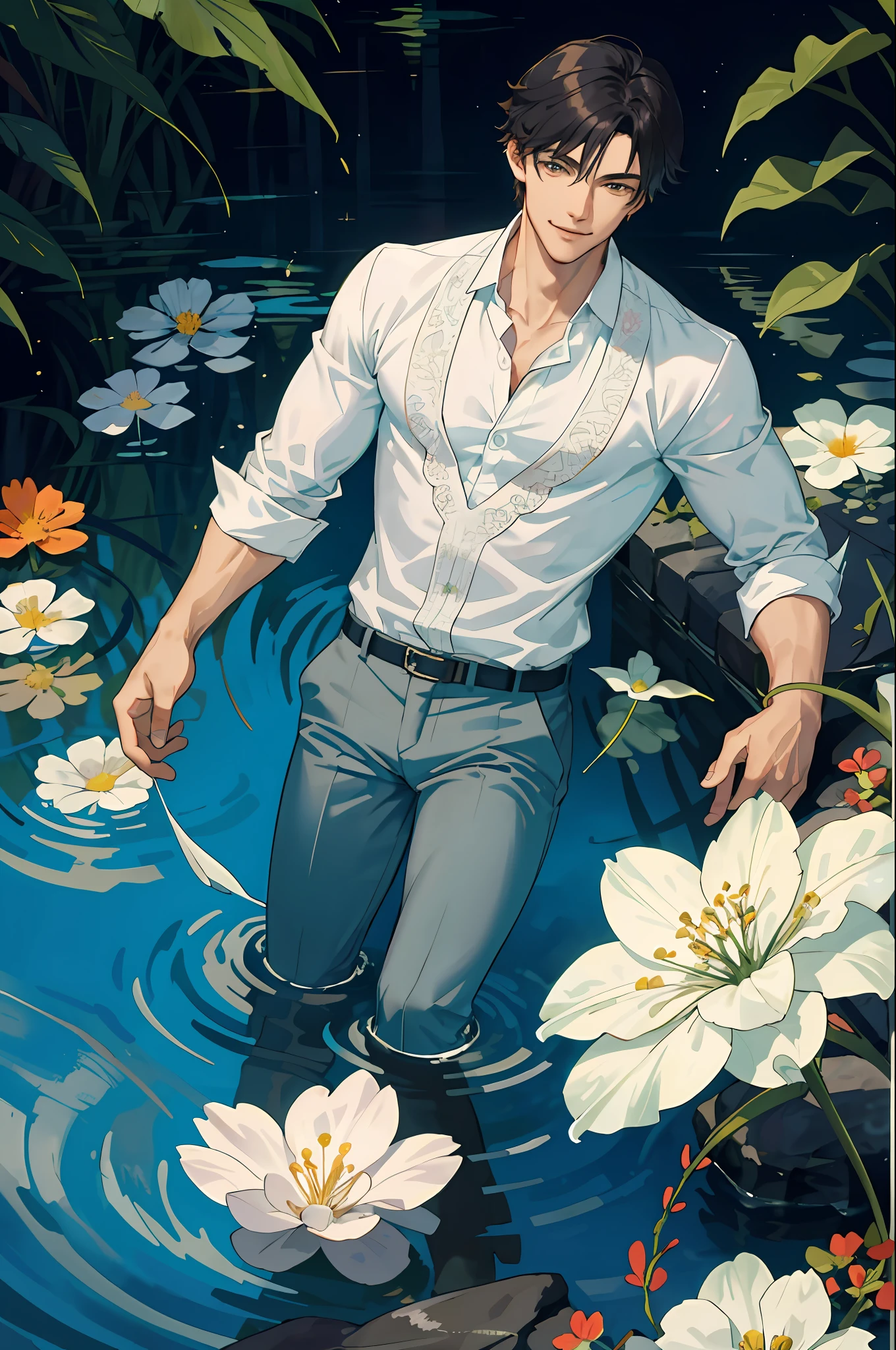 Masterpiece, best quality, 1 male, adult, tall muscles, handsome, delicate eyes, intricate details, clear water, colorful flowers, boy's body immersed in water, smile, aesthetic, romantic, dreamy, firefly light