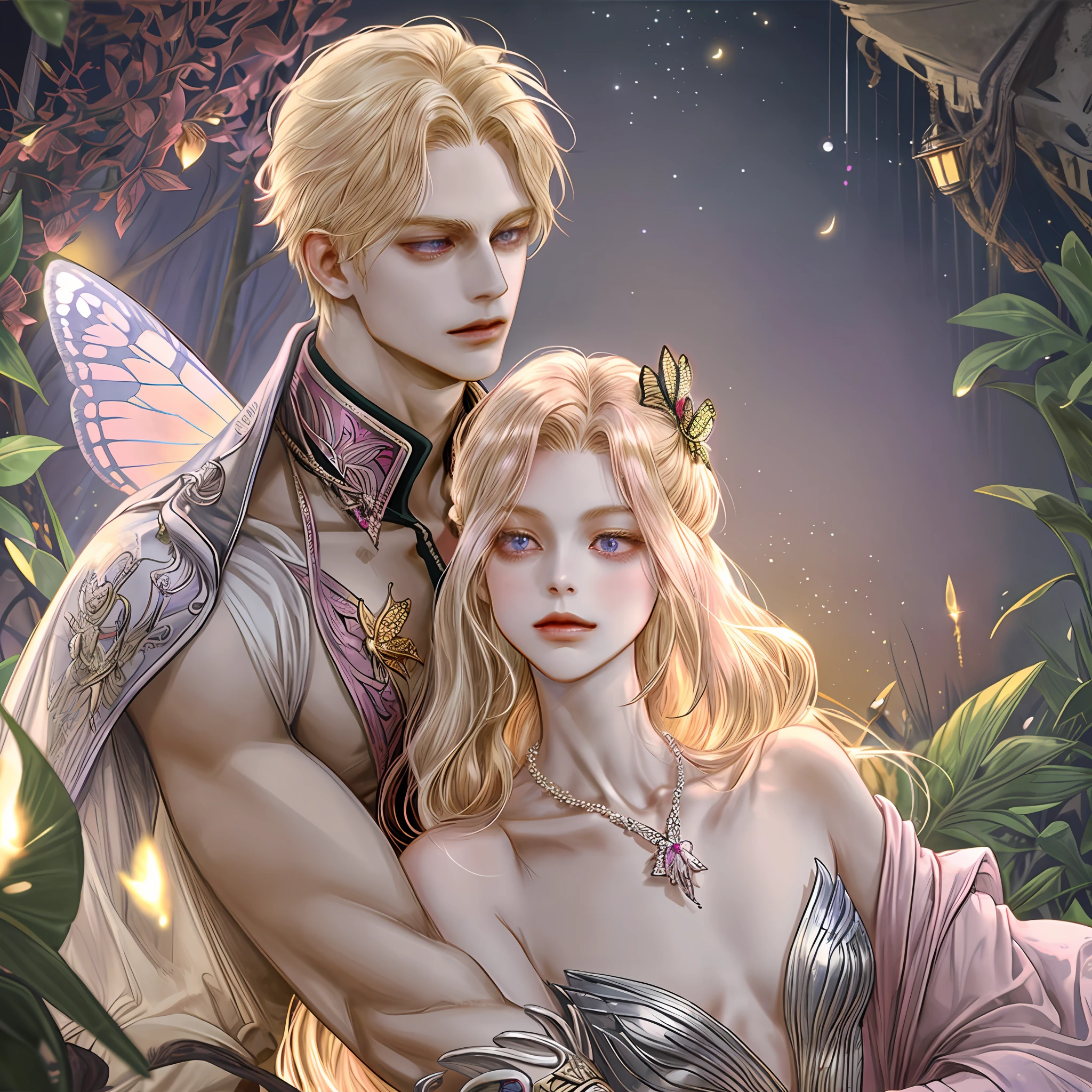8k, portrait, 1 man, perfect looking, pleasurable body, soft body, slim waist, hips, pink, topless, small silver necklace with red diamond pendant, leg-length wavy hairstyle, bright golden blonde hair, big purple eyes, clear butterfly wings, fairy tail, fantasy genre, background detail, dense forest, moonlight, light of fireflies,