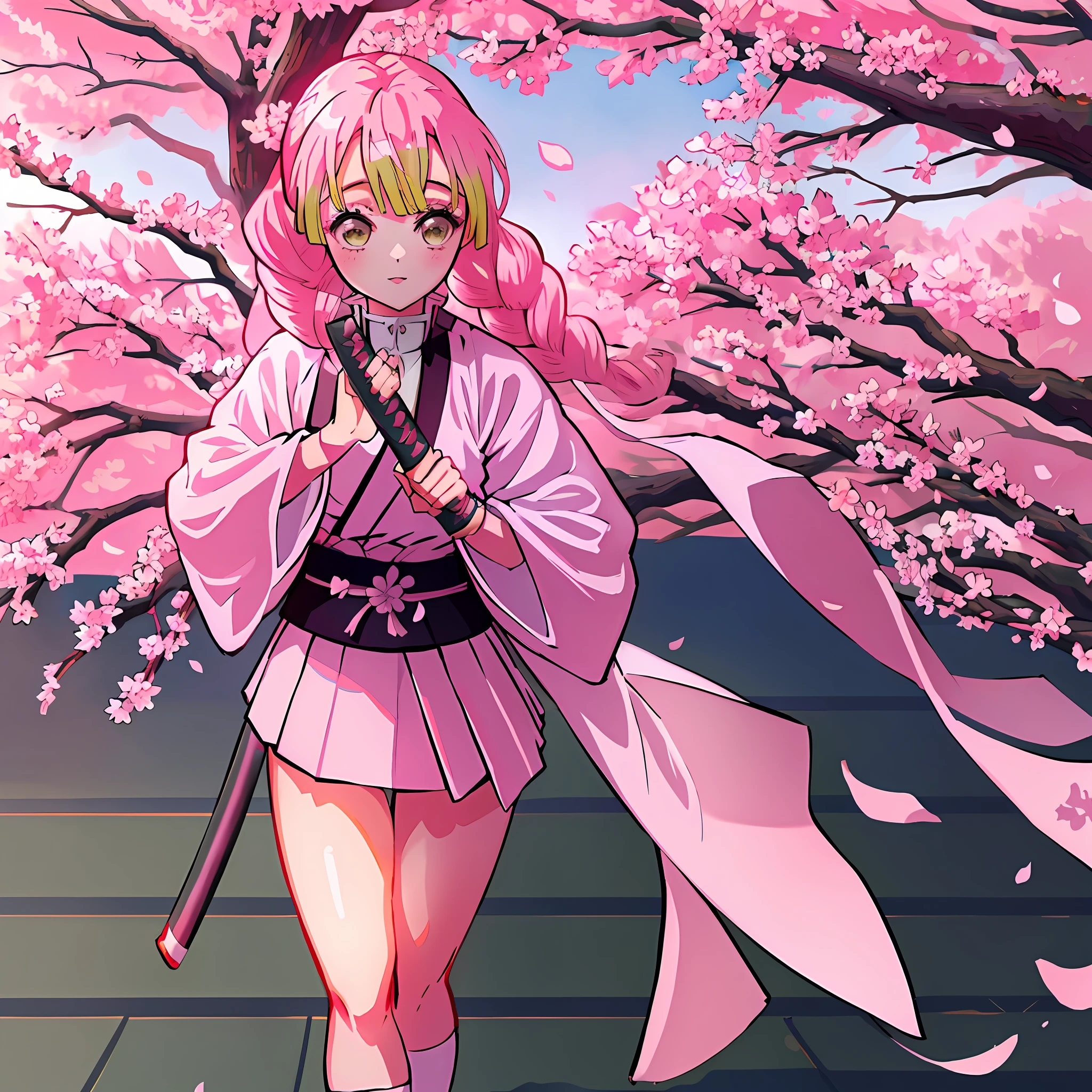 a girl in a sakura forest holding a katana, 1girl, beautyful, ultra detailed, kimetsu no yaiba, cute, solo, fullbody, good anatomy, standing, katana, beautyful body, sakura forest, beautyful legs, beautyful face, high quality, anime, beautyful background, beautyful, kimono, masterpiece