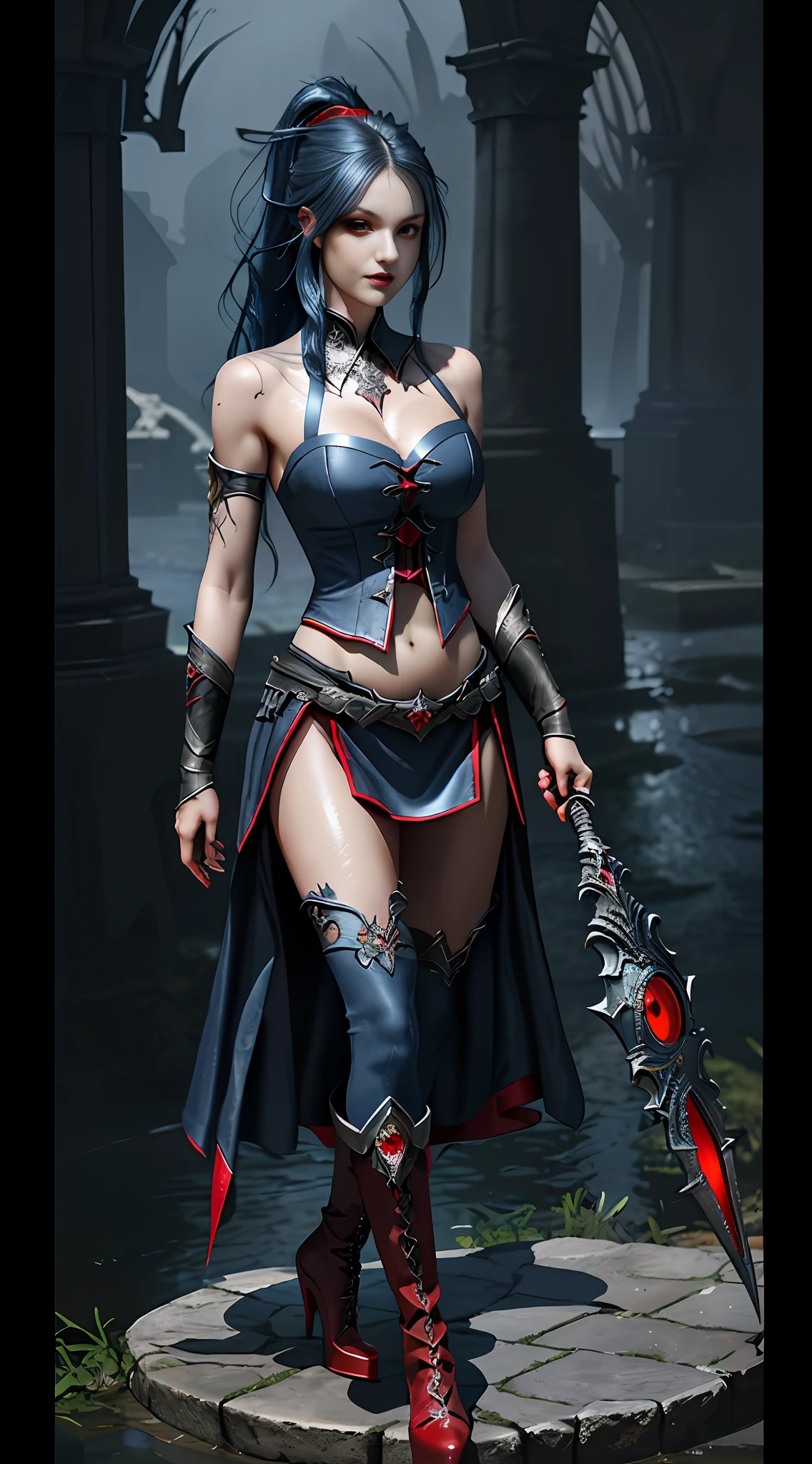 Wide hip, Perfect waist cut, Large breasts, Warrior girl with a scimitar on hand, Skimpy organza clothes ,dark blue hair with red highlights, (perfect nose), Seductive gaze, Boots on high heels (Best Illustration), 8k Resolution, Intricate Details, Best Quality, Realistic, Ultra Detailed, Best Lighting, Best Shadows, Ultra HD, A Necromancer style, Night, Magic, Dark Style, Vampire, (shining red eyes:1.6), masterpiece, high_res, Beautiful face, tyndall effect, photo realistic, (high detailed skin:1.2), 8k uhd, dslr, high quality, Photograph, high resolution, 4k, 8k, Bokeh, absurdres, ponytail contorted, best ratio four finger and one thumb, front view, dark blue hair gorgeous, perfect proportional skinny fitness body, full body view, wet skin, wet clothes, dark cathedral baground scenery, huge bobs, belly muscle,