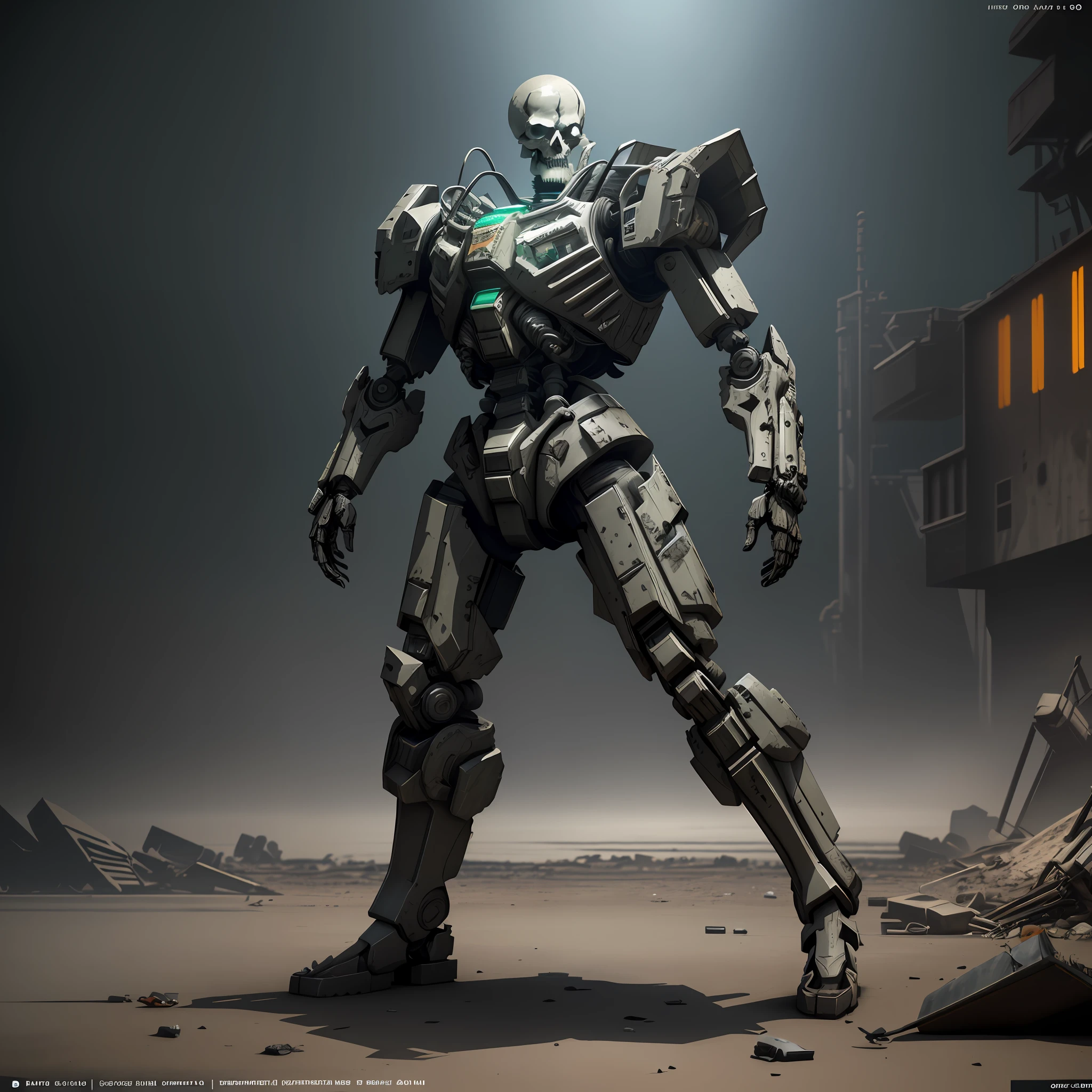 Highly Detailed 3d Character Sheet, Front View, Full Body, Man Made of Junk and Garbage, Garbage Embedded Body Parts, Exposed Skeleton, Dark Background, Post Apocalyptic, Cyber Punk, Octane Render, Unreal Engine 5.8k UHD