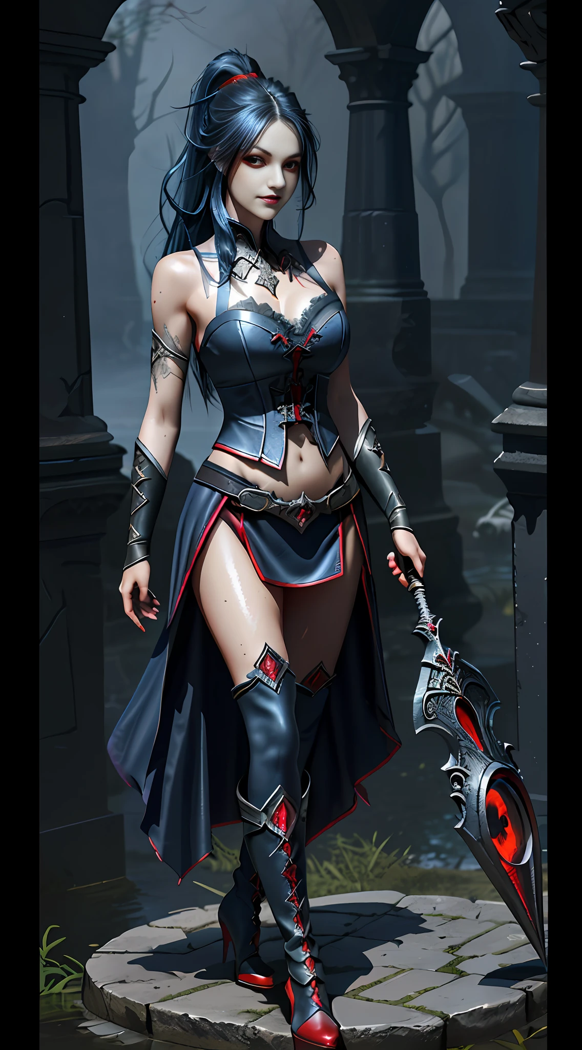 Wide hip, Perfect waist cut, Large breasts, Warrior girl with a scimitar on hand, Skimpy organza clothes ,dark blue hair with red highlights, (perfect nose), Seductive gaze, Boots on high heels (Best Illustration), 8k Resolution, Intricate Details, Best Quality, Realistic, Ultra Detailed, Best Lighting, Best Shadows, Ultra HD, A Necromancer style, Night, Magic, Dark Style, Vampire, (shining red eyes:1.6), masterpiece, high_res, Beautiful face, tyndall effect, photo realistic, (high detailed skin:1.2), 8k uhd, dslr, high quality, Photograph, high resolution, 4k, 8k, Bokeh, absurdres, ponytail contorted, best ratio four finger and one thumb, front view, dark blue hair gorgeous, perfect proportional skinny fitness body, full body view, wet skin, wet clothes, dark cathedral baground scenery, huge bobs, belly muscle,