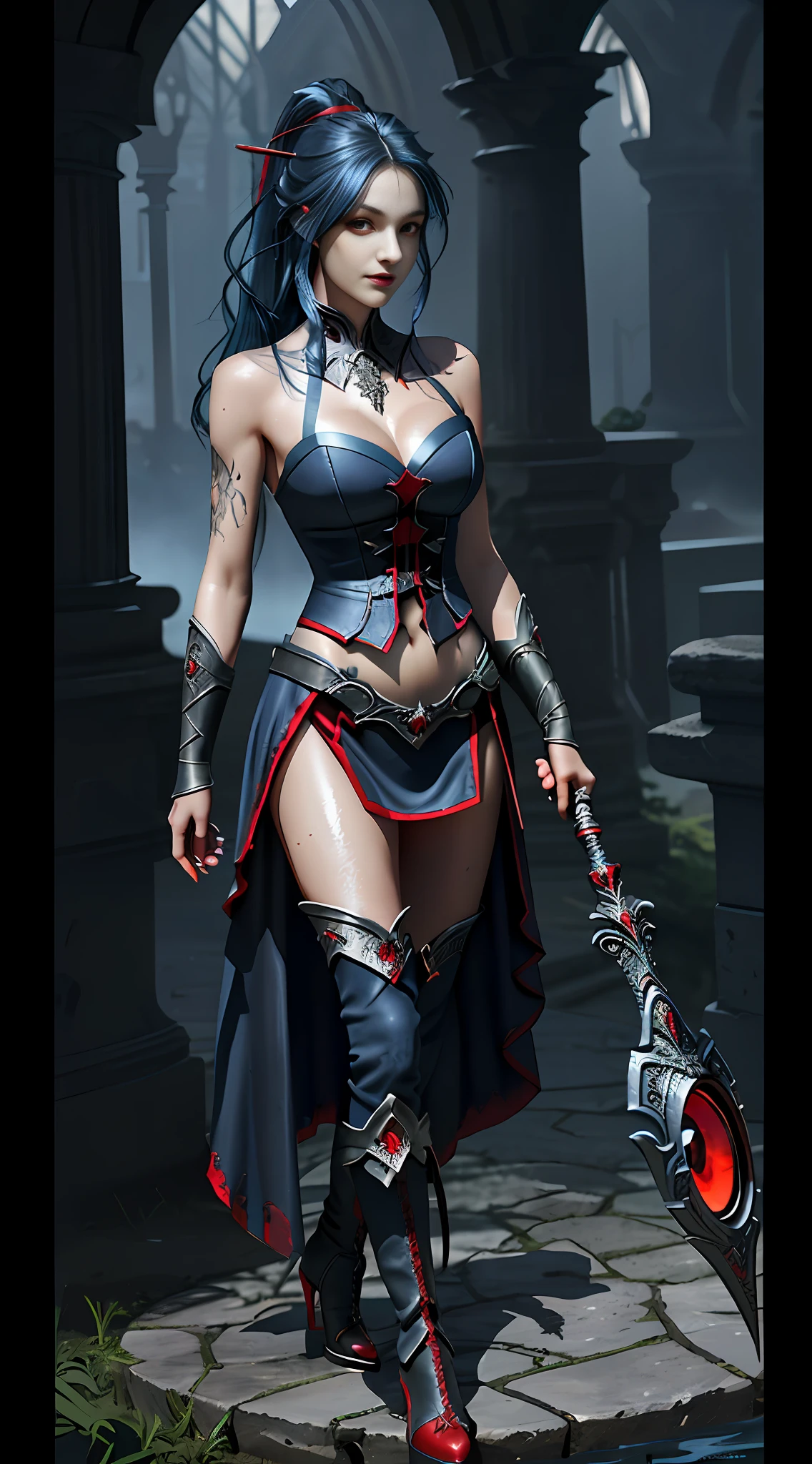 Wide hip, Perfect waist cut, Large breasts, Warrior girl with a scimitar on hand, Skimpy organza clothes ,dark blue hair with red highlights, (perfect nose), Seductive gaze, Boots on high heels (Best Illustration), 8k Resolution, Intricate Details, Best Quality, Realistic, Ultra Detailed, Best Lighting, Best Shadows, Ultra HD, A Necromancer style, Night, Magic, Dark Style, Vampire, (shining red eyes:1.6), masterpiece, high_res, Beautiful face, tyndall effect, photo realistic, (high detailed skin:1.2), 8k uhd, dslr, high quality, Photograph, high resolution, 4k, 8k, Bokeh, absurdres, ponytail contorted, best ratio four finger and one thumb, front view, dark blue hair gorgeous, perfect proportional skinny fitness body, full body view, wet skin, wet clothes, dark cathedral baground scenery, huge bobs, belly muscle,
