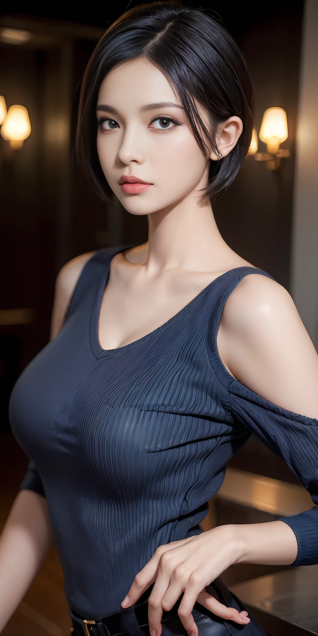 (masterpiece:1.3), (8k, photorealistic, RAW photo, best quality: 1.4), (1girl), beautiful face, (realistic face), (black hair, short hair:1.3), beautiful hairstyle, long blue-pink gradient hair, realistic dark blue eyes, beautiful detailed eyes, (realistic skin), Beautiful skin, (V-neck sweater), ridiculous, attractive, super high resolution, super realistic, very detailed, golden ratio. Sexy, big tits, big tits, low cut