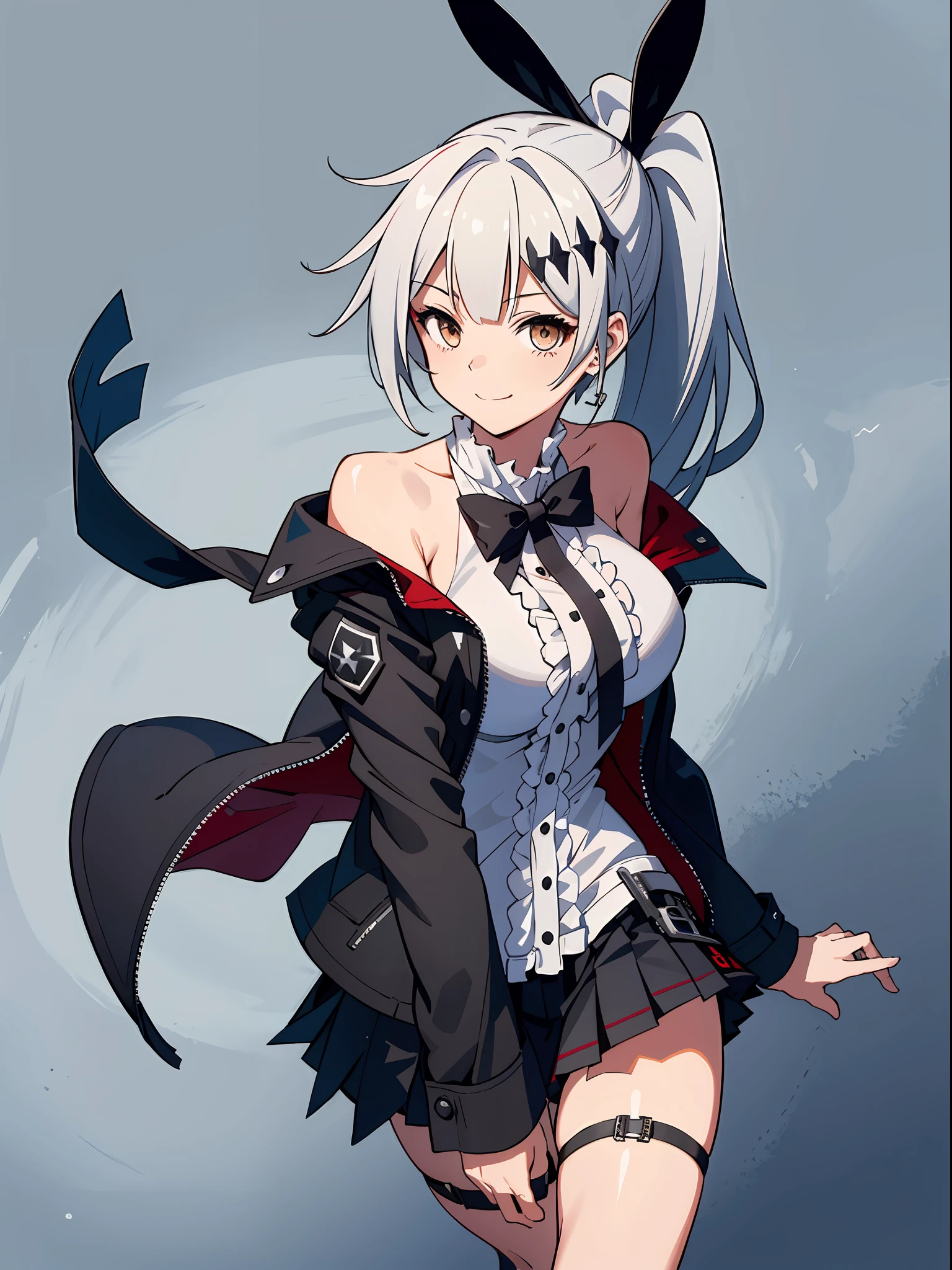 (masterpiece), (best quality), ((high resolution)), fiveseven, long ponytail, (black pleated skirt: 1.2), (thigh strap, skin dentation), smile, wool black jacket off the shoulder, (big breasts: 1.3)