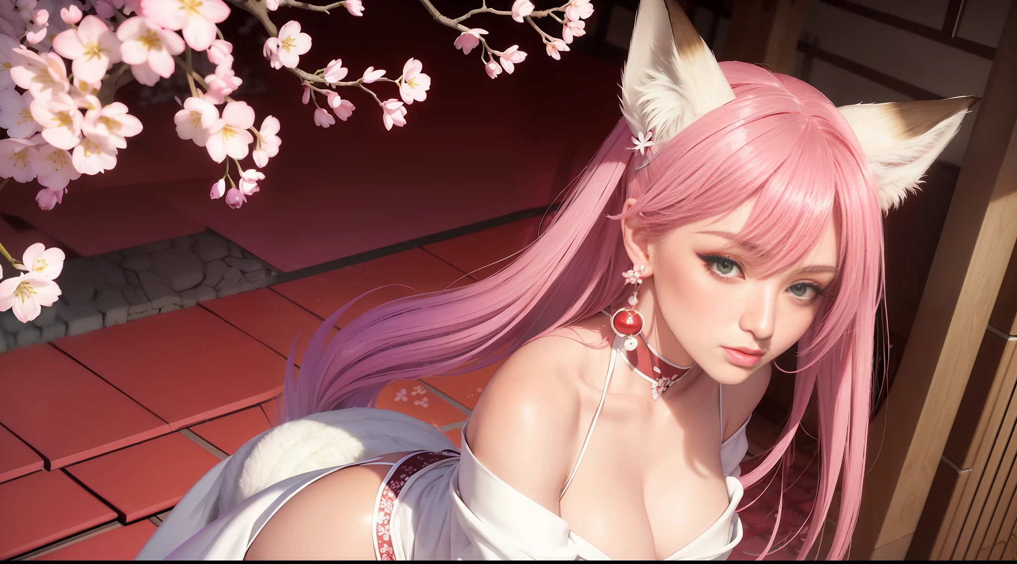 An ultra-detailed and stunningly beautiful CG illustration depicting a sultry fox with sweet purple hair, sharp green eyes, red nose and a ruddy face standing tall in shorts. On the tail and fur, this animal-like beauty exudes sensuality in every pose. (Masterpiece, Superb Quality, 1Girl, Solo, Intricate Details, Color Aberration), Realism, ((High Atmosphere)), Bare Shoulders, Big Breasts, Sexy, White Fox, White Long Hair, White Headdress, White Highlight, Hair Above One Eye, Green Eyes, Earrings, Sharp Eyes, Perfect Symmetrical Figure, Choker, Neon Shirt, Open Jacket, Turtleneck Sweater, Against the Wall, Brick Wall, Graffiti, Dim Lights, Alley, Looking at the Audience, ((Mean, Seductive, Glamorous)), ((Cherry Blossom Background ))),((Japanese temple background)))), (((Glow-in-the-dark background)))