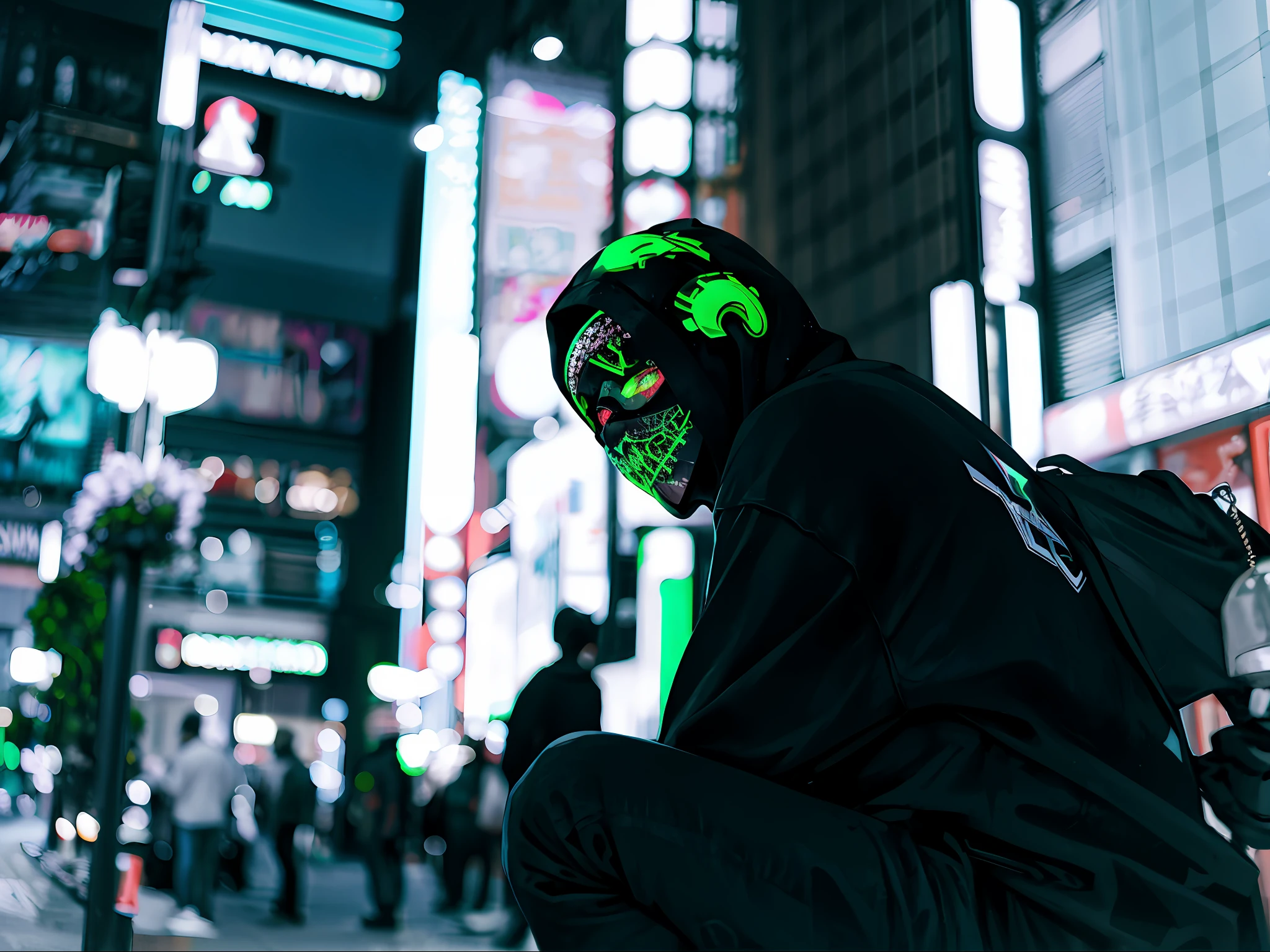 araffe in a black hood and green paint on his face, cyberpunk streetwear, wearing cyberpunk streetwear, bright cyberpunk glow, cyberpunk photo, in cyberpunk aesthetic, cyberpunk vibe, cyberpunk techwear, cyberpunk aesthetic, cyberpunk horror style, cyberpunk look, aesthetic cyberpunk, cyberpunk street goon, neon samurai, cyberpunk hiroshima, cyberpunk wearing, in cyberpunk style, cyberpunk vibes